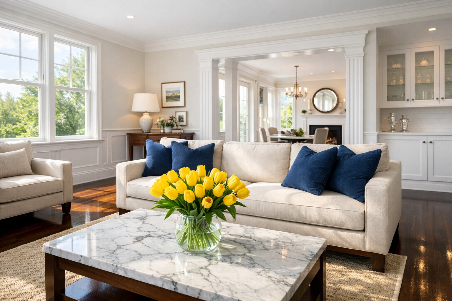 Impeccably clean living room showcasing the results of professional house cleaning in Pepperell MA.