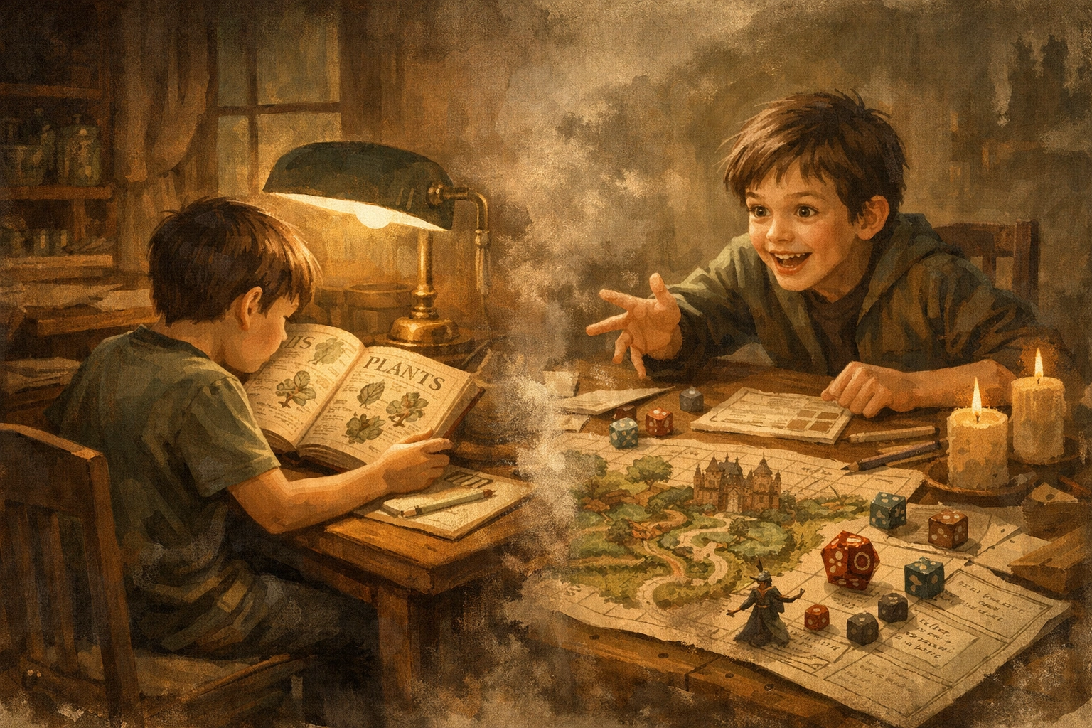 Child studying textbook compared to engaged tabletop game learning experience