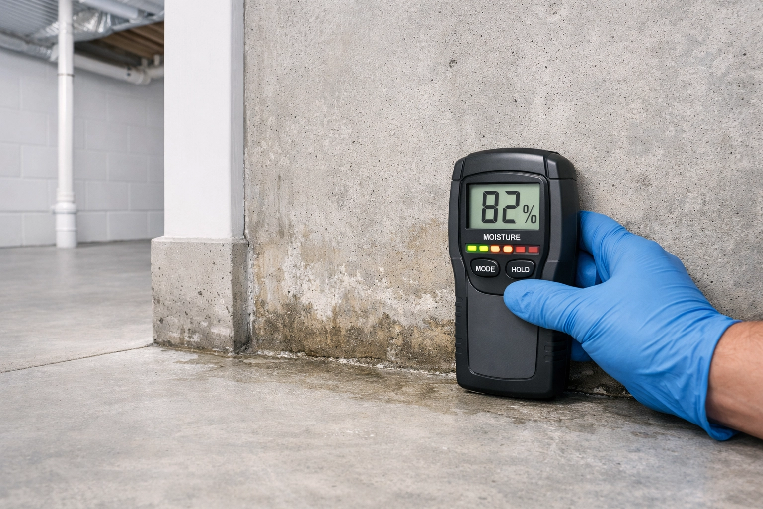 Professional mold testing in Nutley NJ using a moisture meter on a damp basement foundation wall.