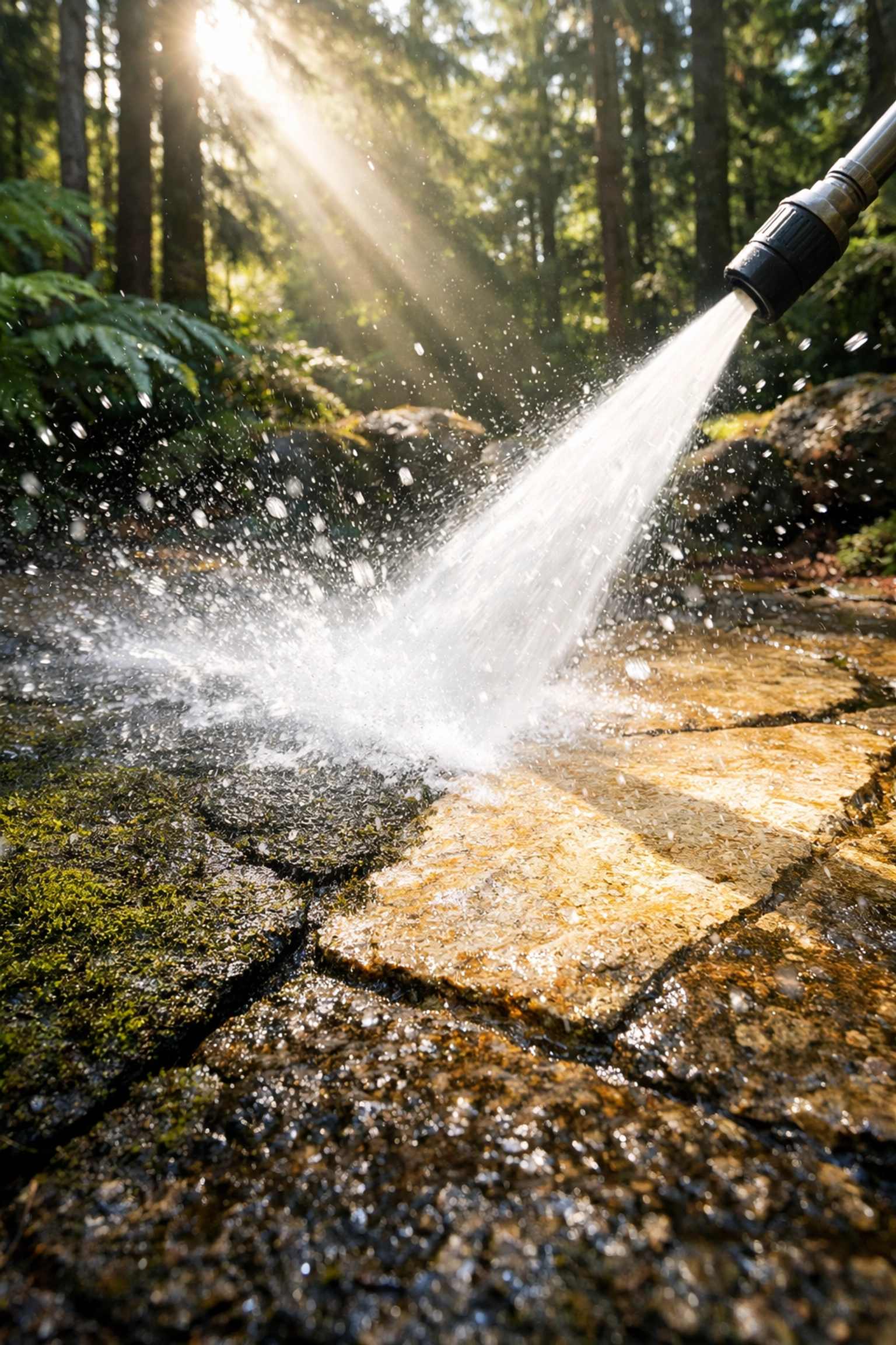 Pressure washing a mossy path to clean stone, symbolizing a satisfying bookkeeping cleanup process.