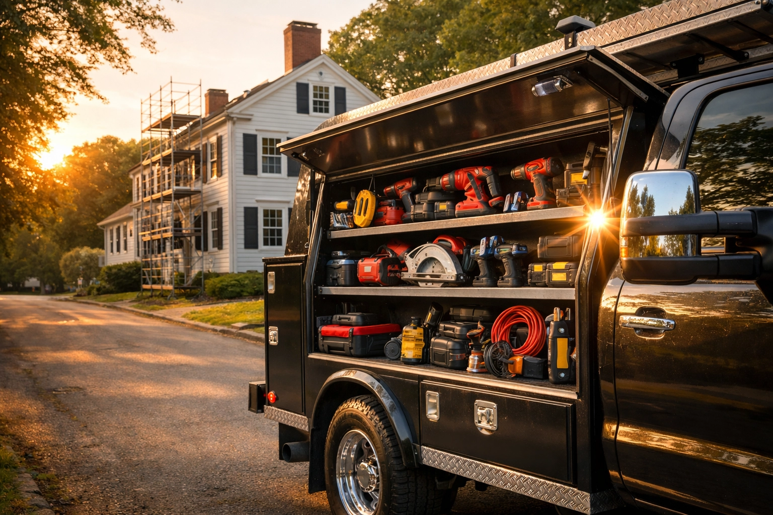 Professional contractor truck with tools parked at a Connecticut job site highlighting business asset protection.