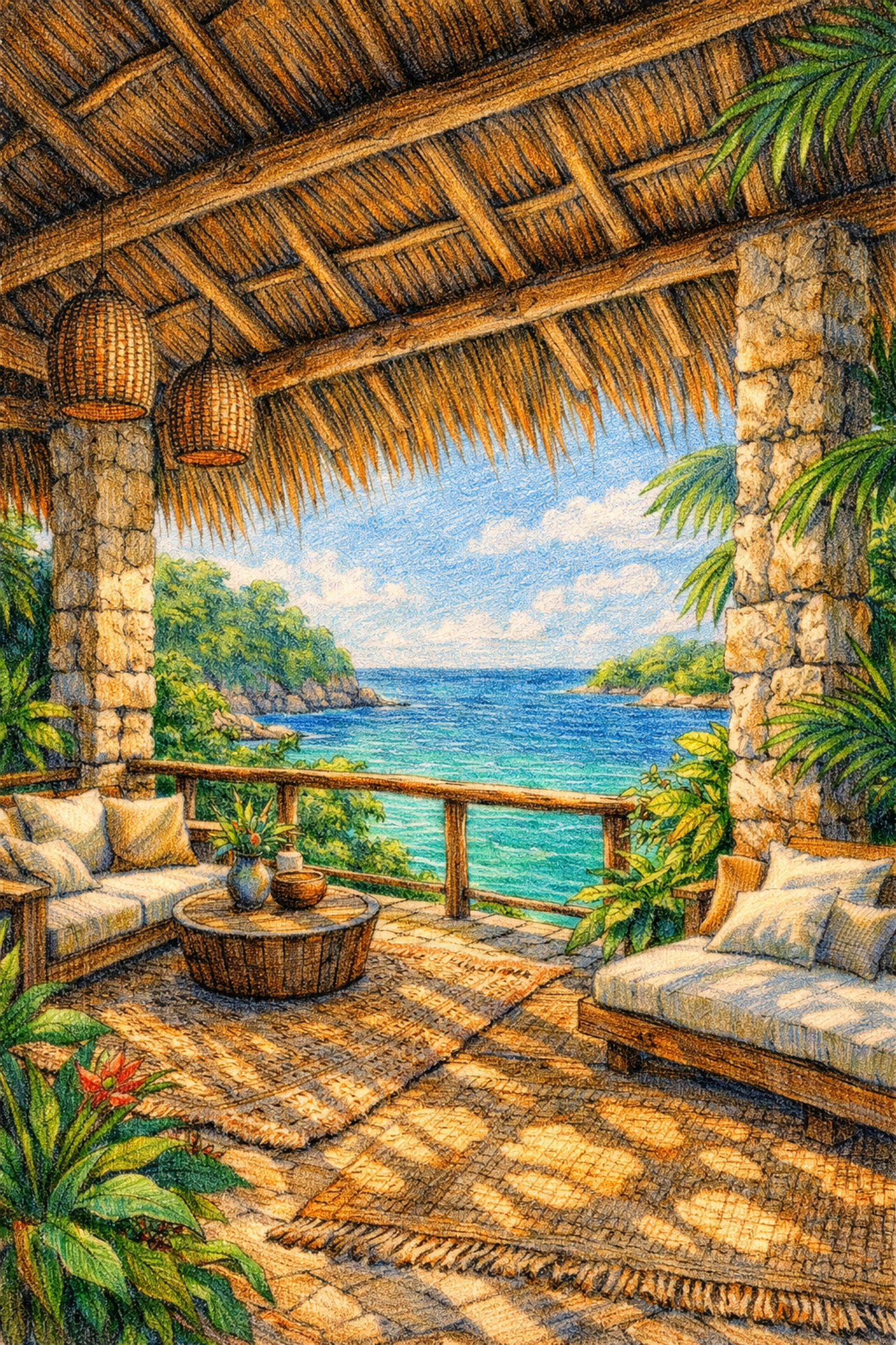 Sustainable hotel architecture at a luxury resort terrace overlooking a turquoise ocean.