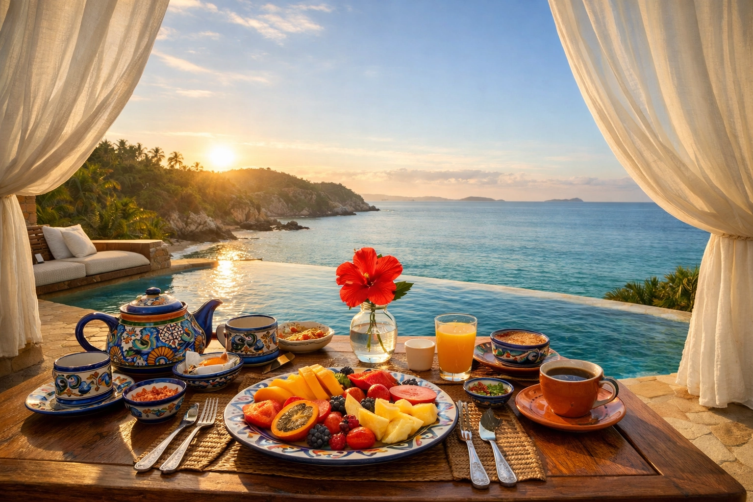 Private luxury terrace in Mexico with a fruit breakfast and infinity pool overlooking the turquoise ocean.