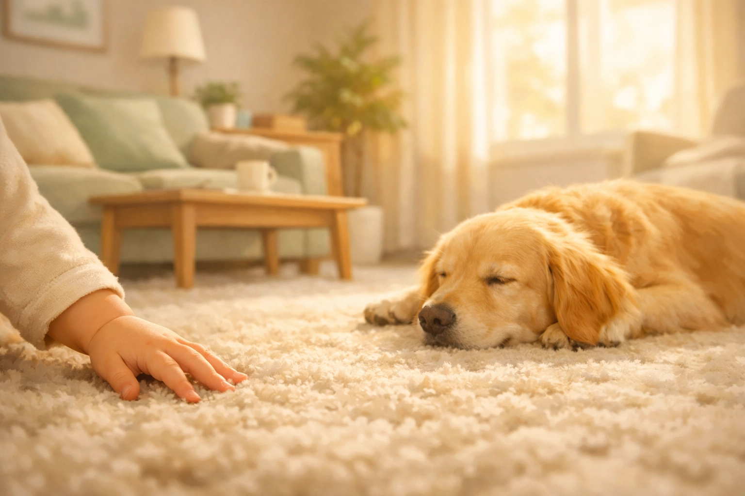 Child and dog on living room carpet highlighting family safety concerns with carpet cleaning
