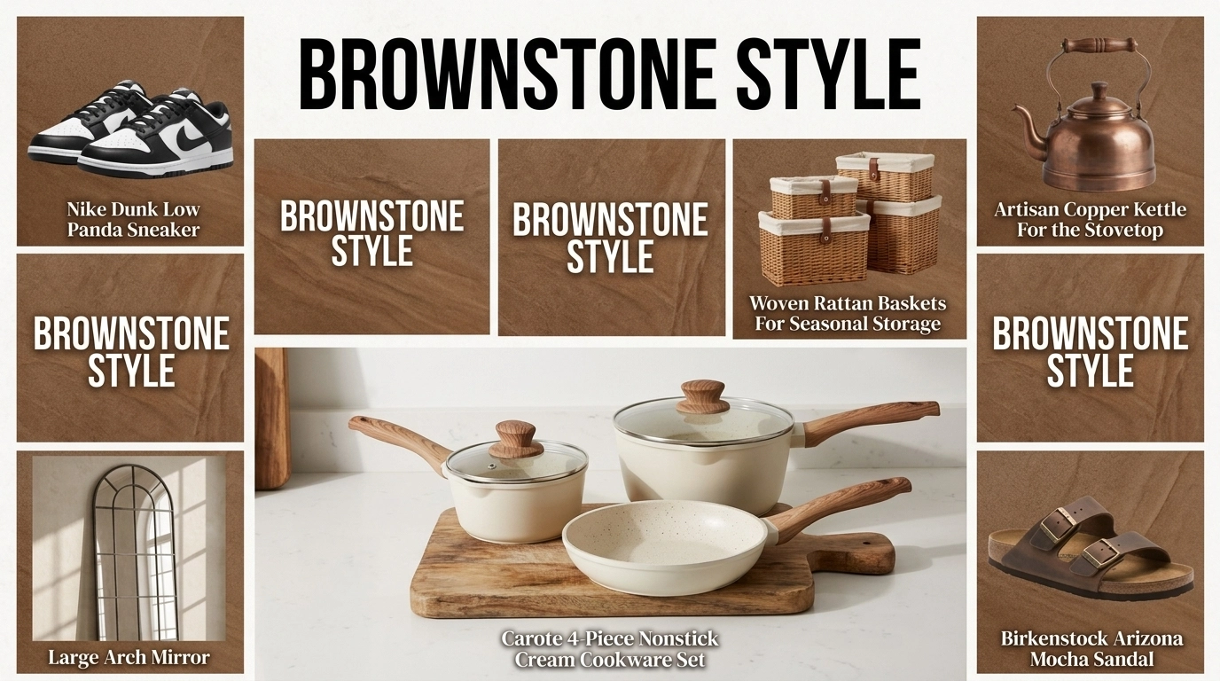 A Carote 4-piece cream-colored nonstick cookware set with wood-effect handles on a clean kitchen counter.
