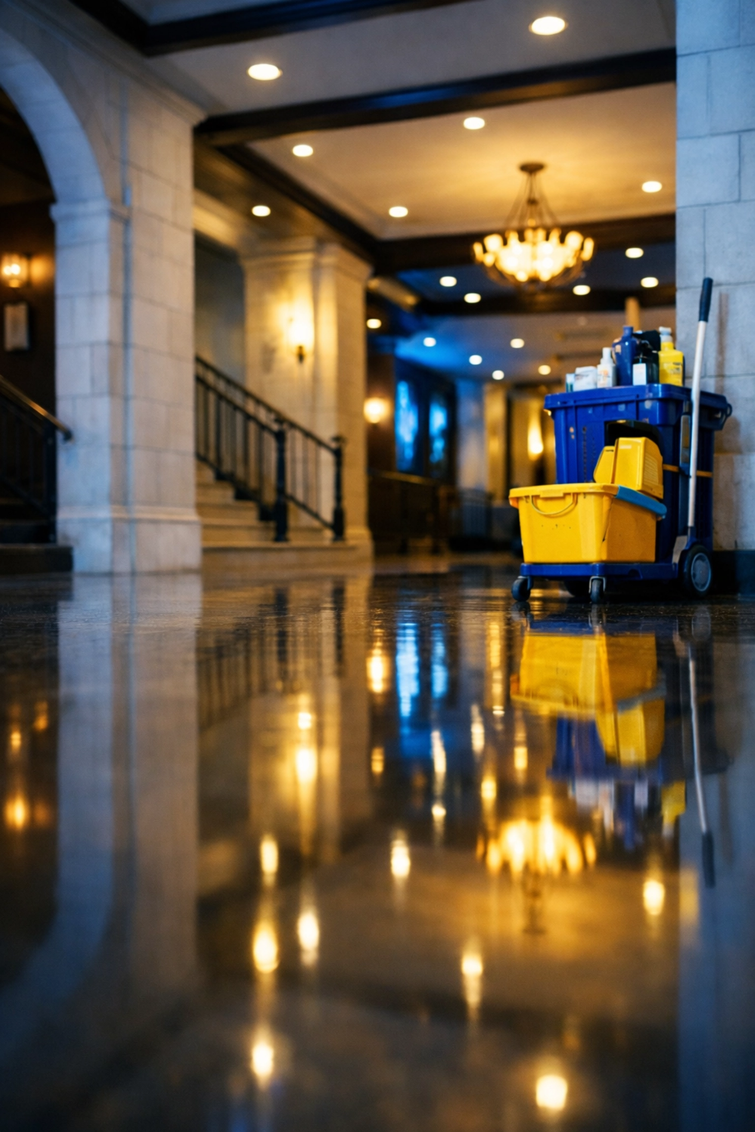 Gleaming polished floors in a historic Gloucester commercial lobby showing expert janitorial maintenance.