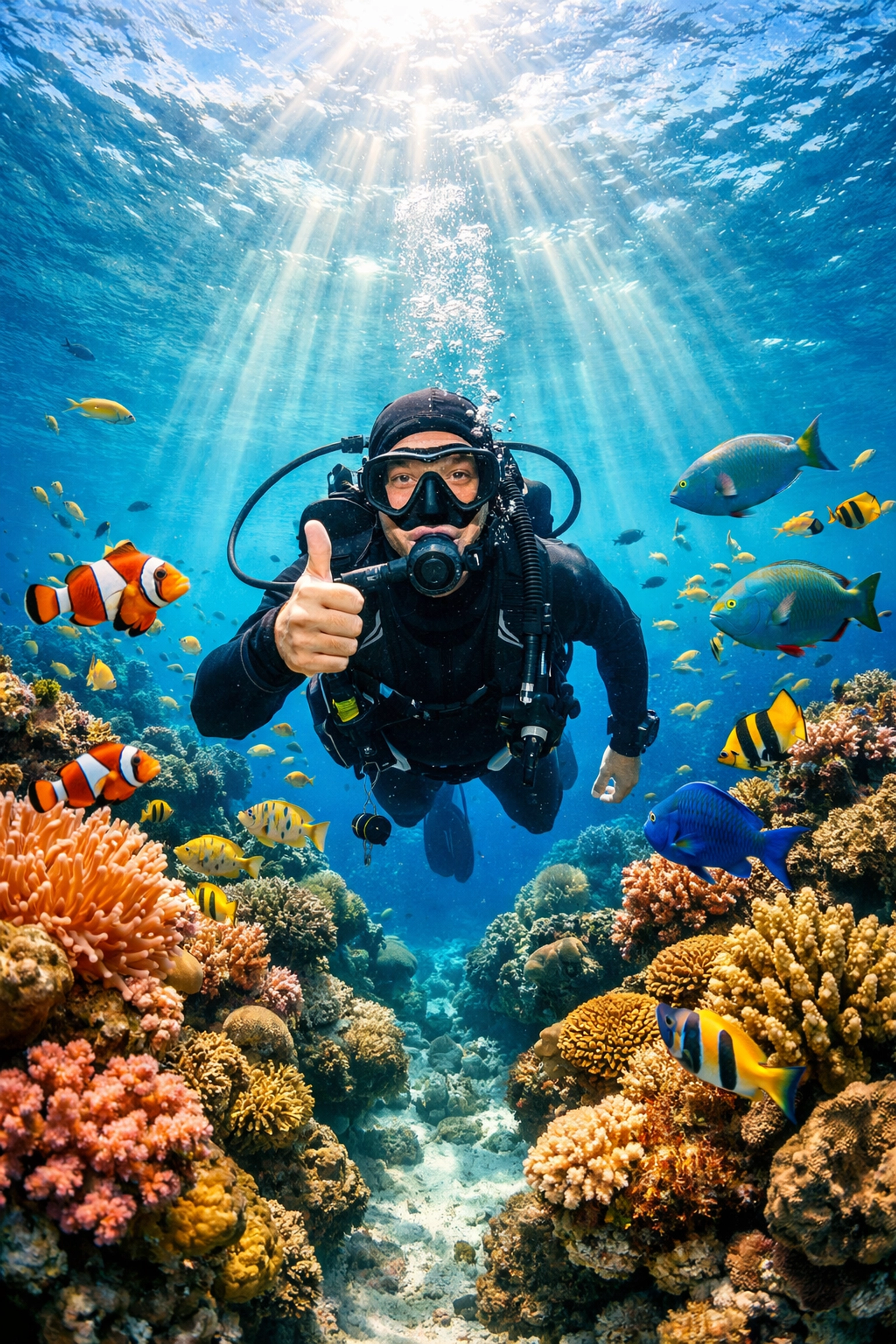 Scuba diver giving a thumbs up in a coral reef, ideal for gifting cheeky novelty mugs to sporty friends.