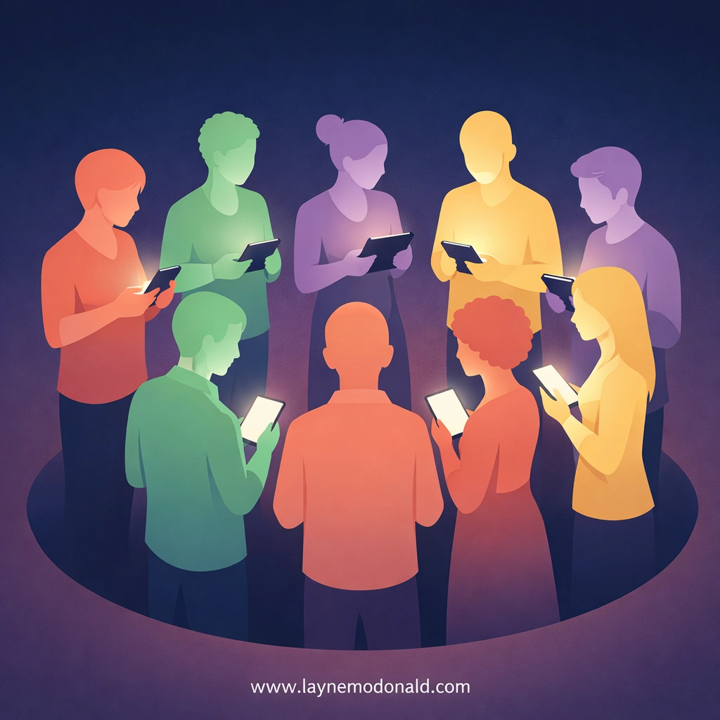 Diverse group of Christian content creators connecting with their audience through digital devices