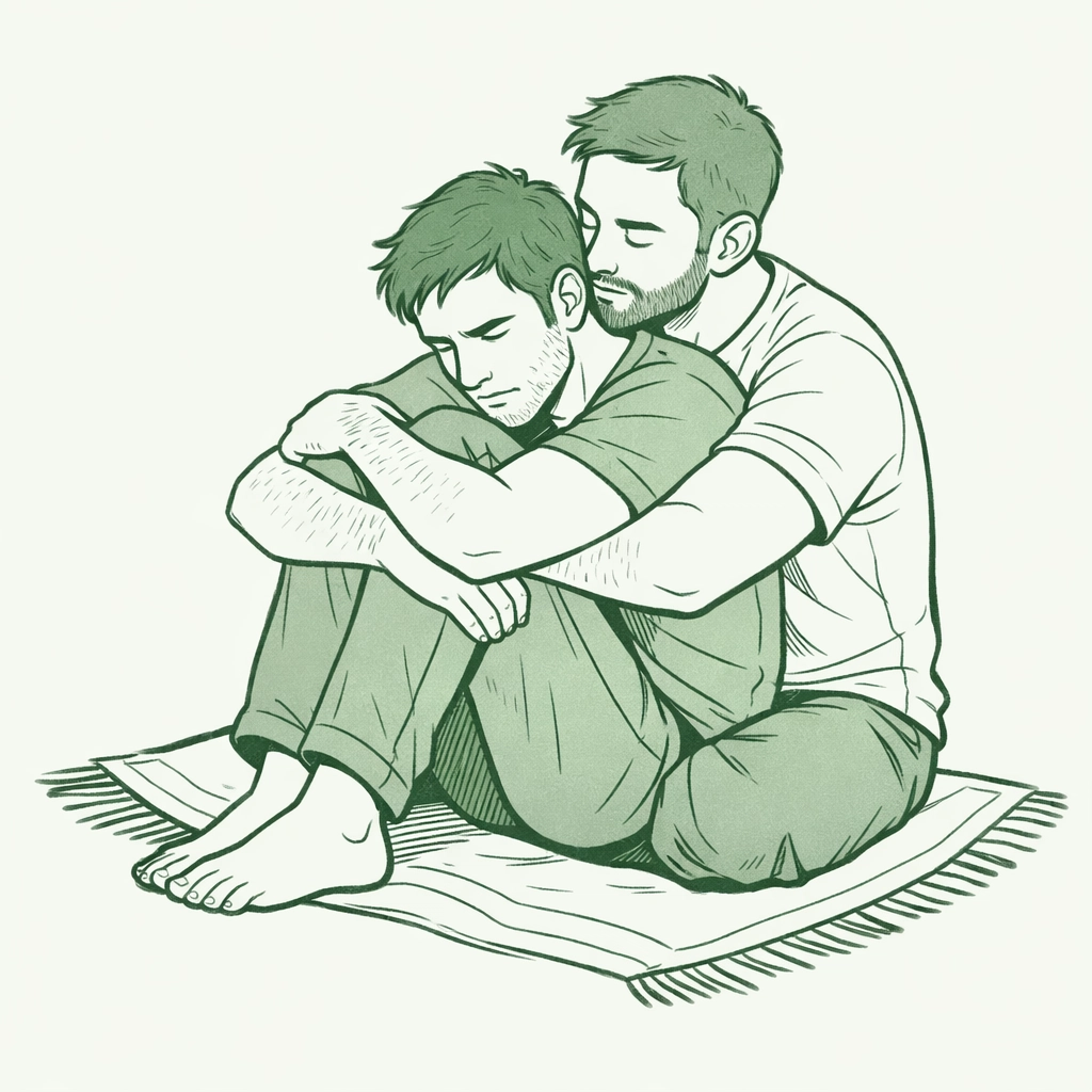 Two men in a supportive embrace, symbolizing self-compassion and emotional healing in a favorite MM romance book.