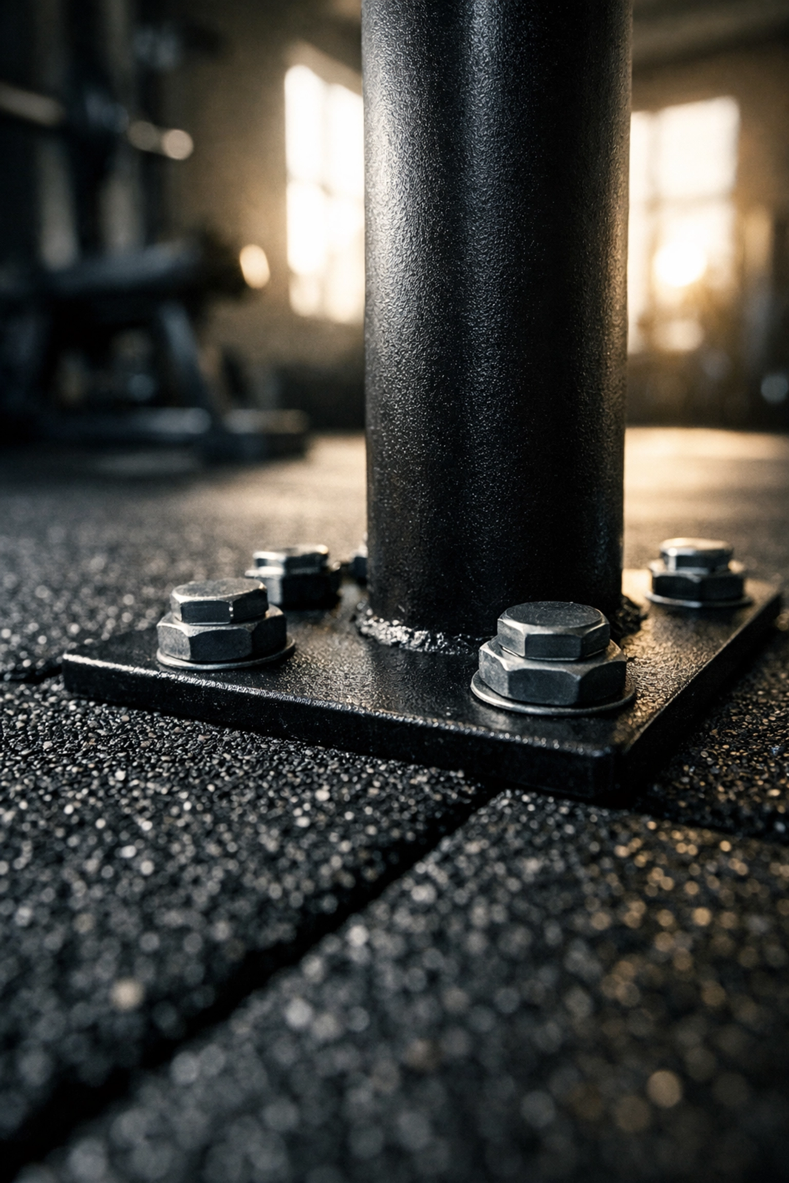 Floor to ceiling gym rail base anchored on heavy-duty rubber mats for maximum home gym stability.