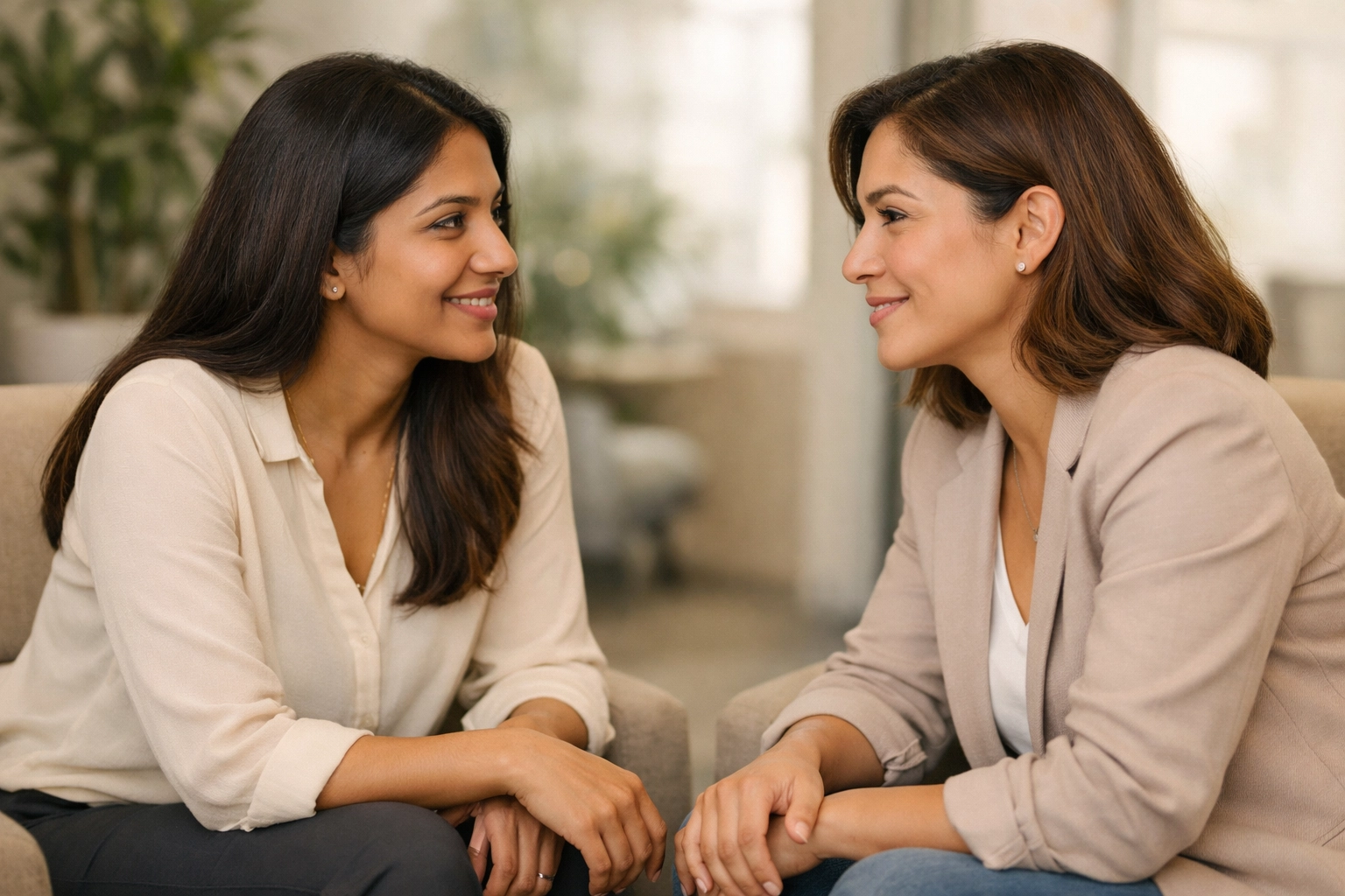 Two professional women demonstrating compassionate leadership through authentic workplace conversation