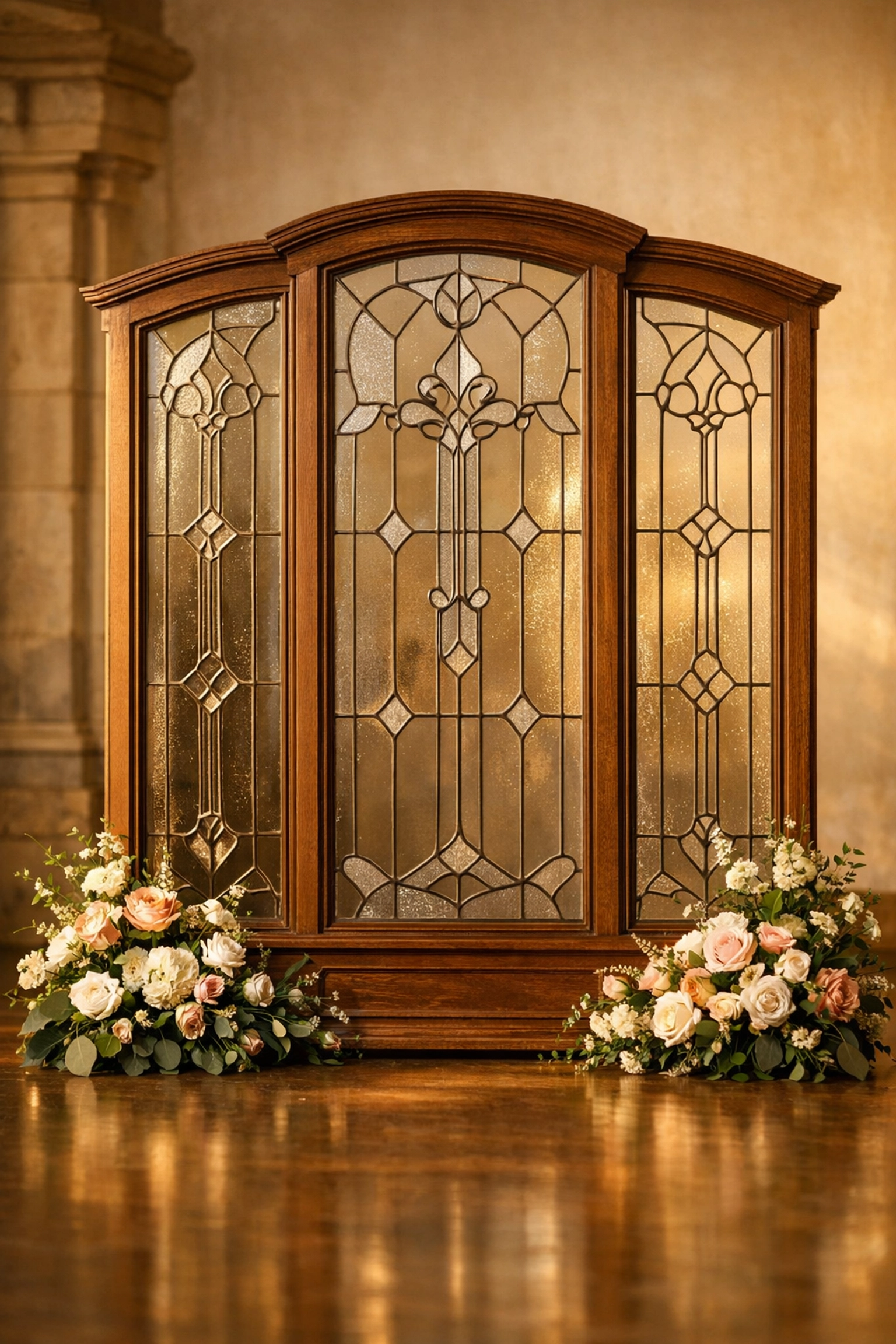 Elegant French Leaded Window wedding backdrop rental from The Weathered Moose LLC for a timeless ceremony setup.