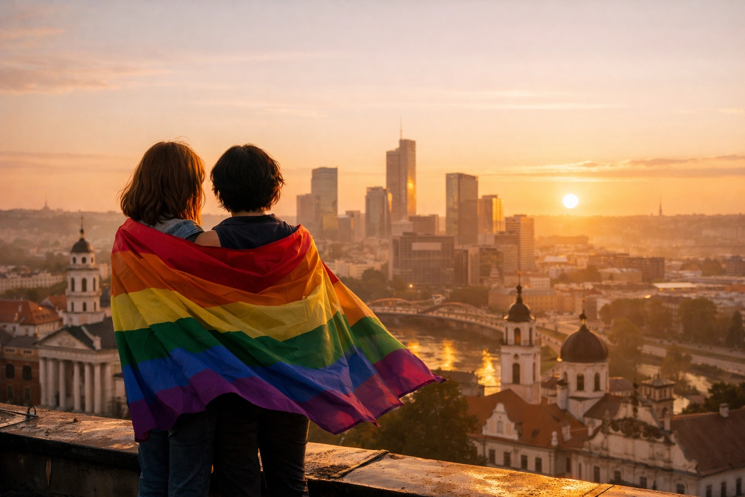 A lesbian couple overlooks Vilnius with a pride flag, symbolizing the Baltic LGBTQ+ awakening after 1991.