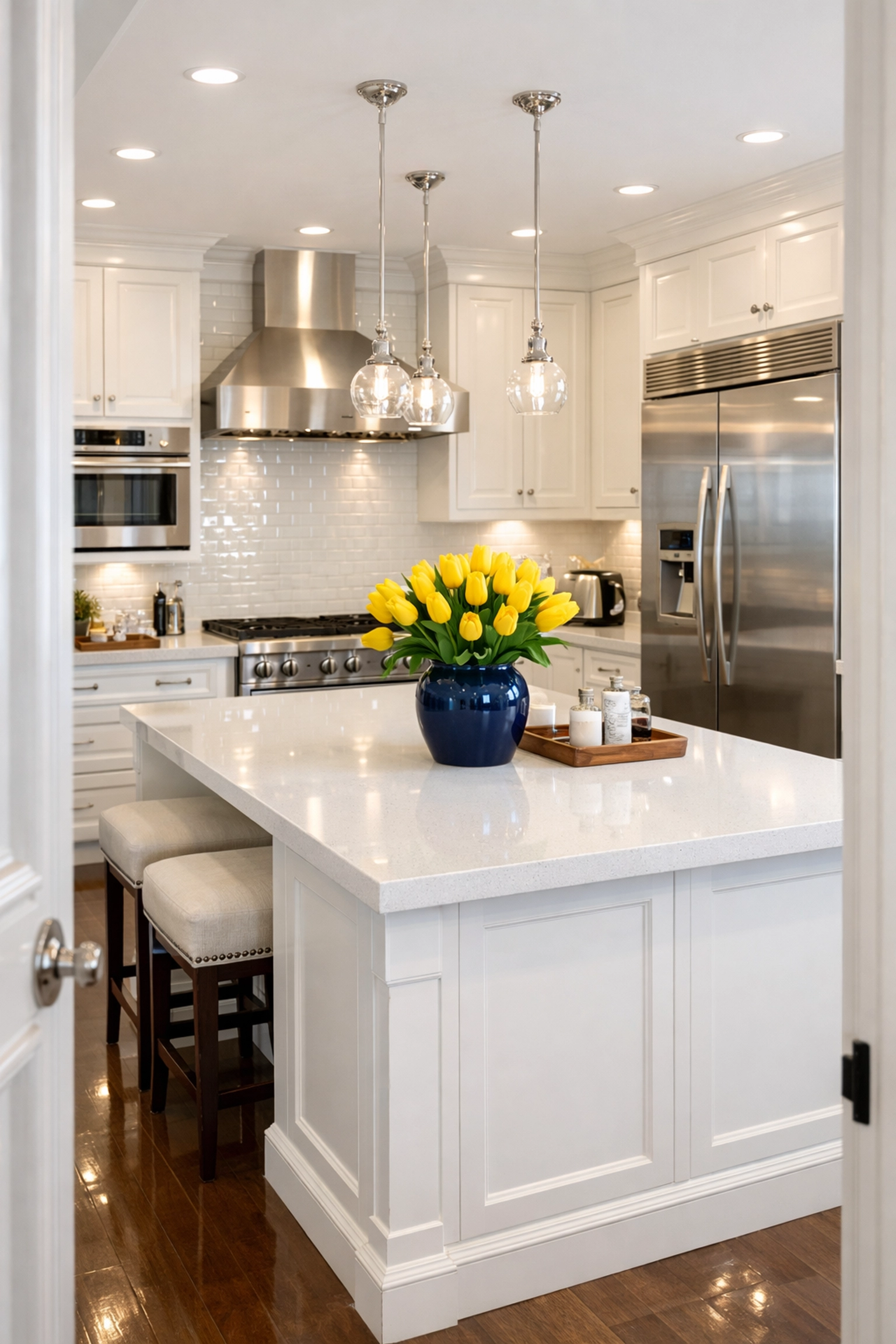 Deep cleaned kitchen in an Ayer MA home featuring white cabinetry and sparkling quartz surfaces.