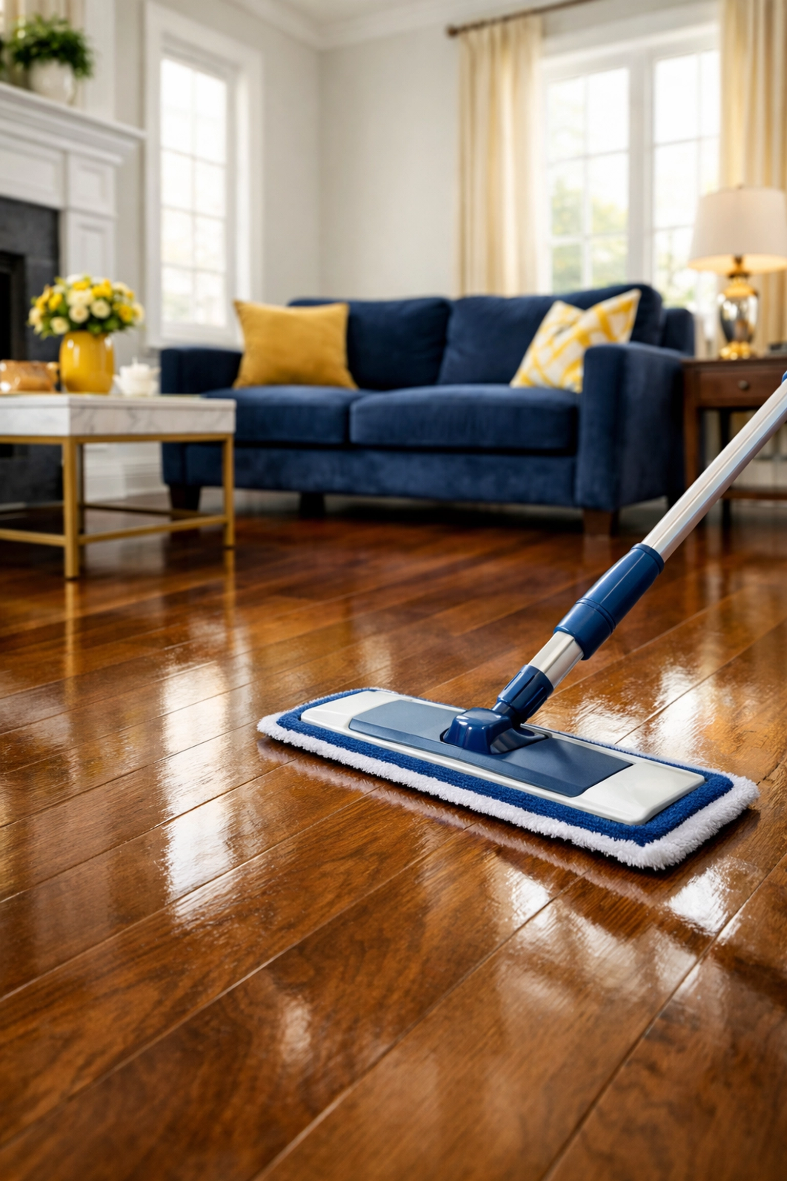 Professional house cleaning in Westborough MA showing polished hardwood floors being cleaned with a microfiber mop.