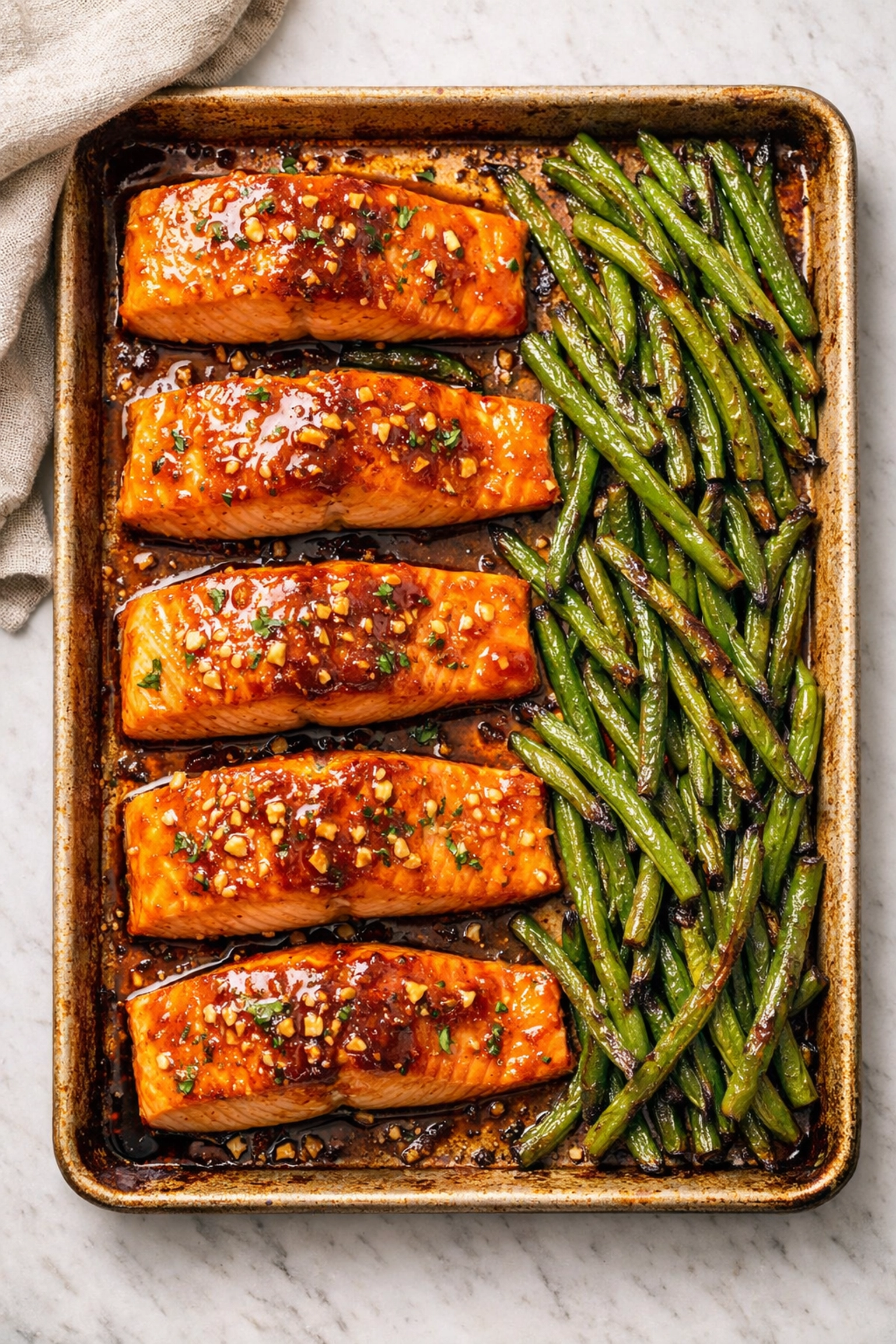 Honey garlic glazed salmon with roasted green beans - easy 5-ingredient weeknight dinner on sheet pan
