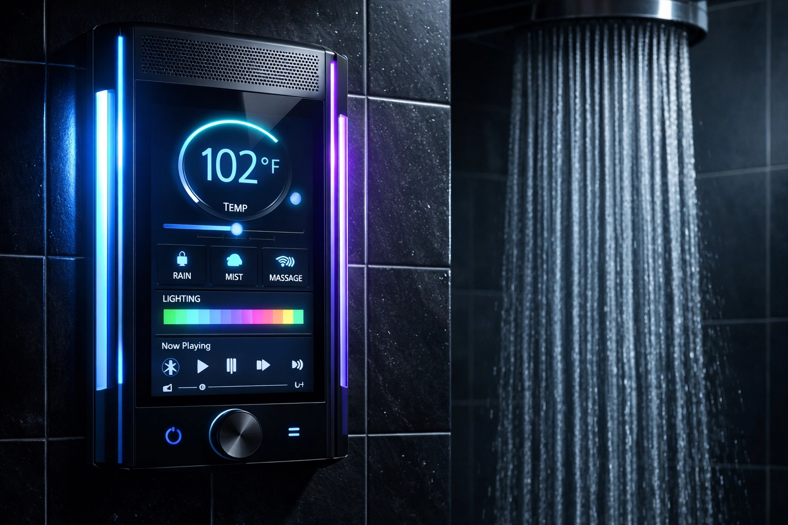 Smart shower touchscreen panel with basic water stream showing technology over performance
