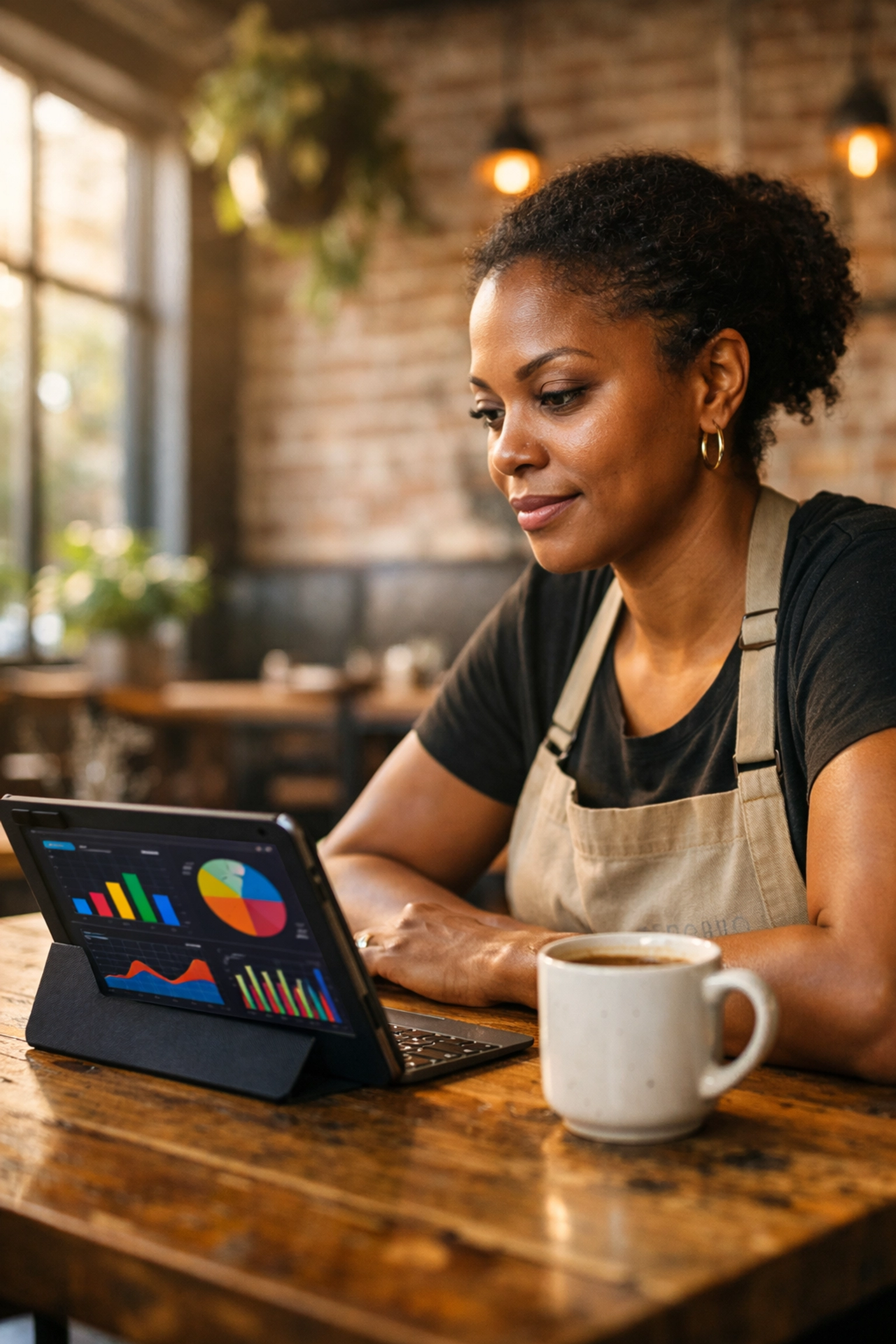 Oakland restaurant owner analyzing prime cost and net profit margin data on a digital tablet.