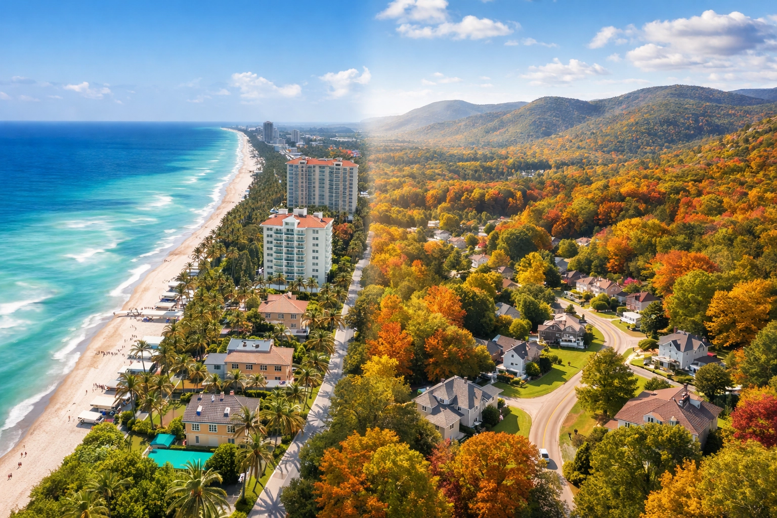 Aerial view comparing sunny Florida beaches with rolling Georgia hills, illustrating halfback migration trends.