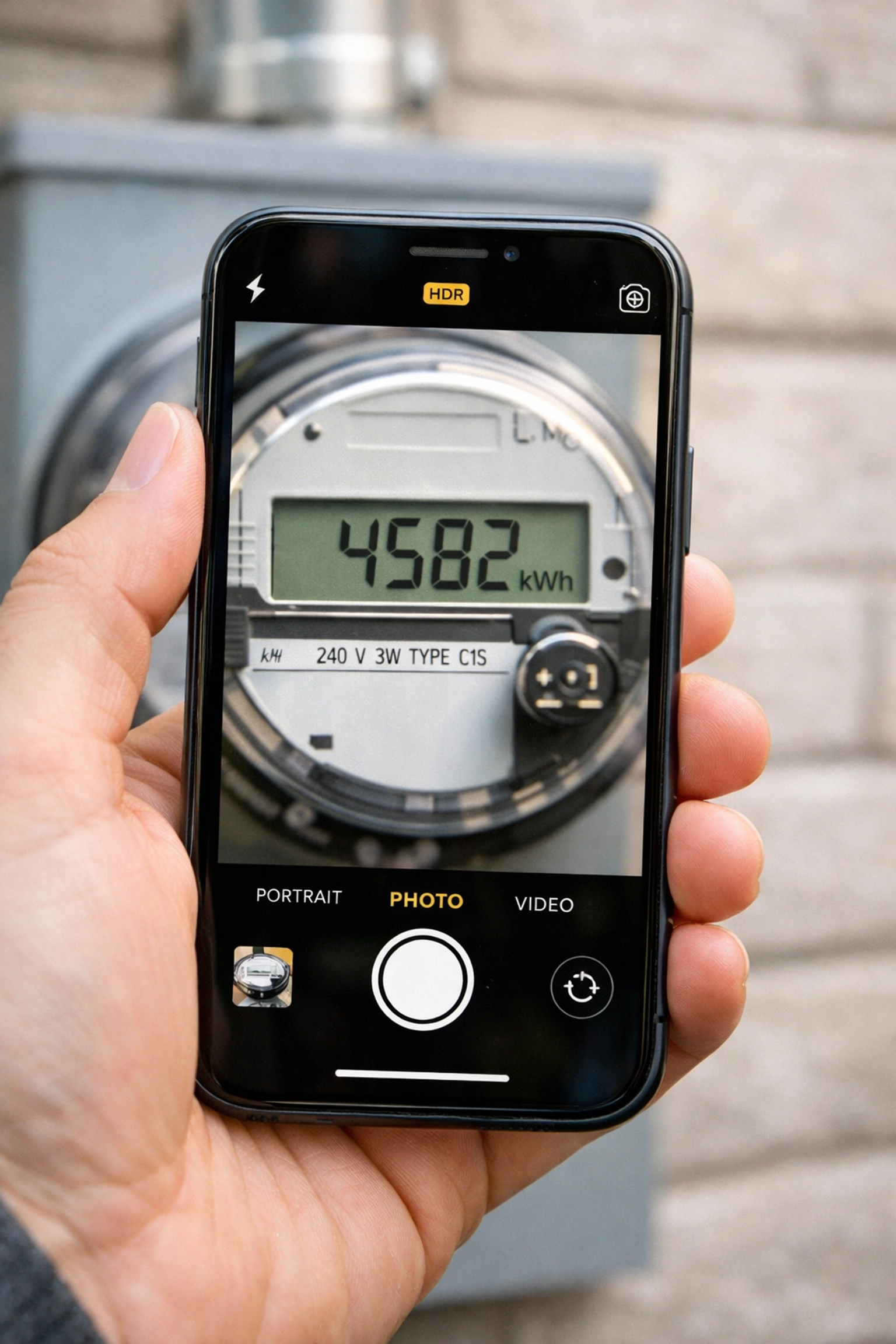 Homeowner using a smartphone to photograph an electric meter for accurate utility billing during a move.