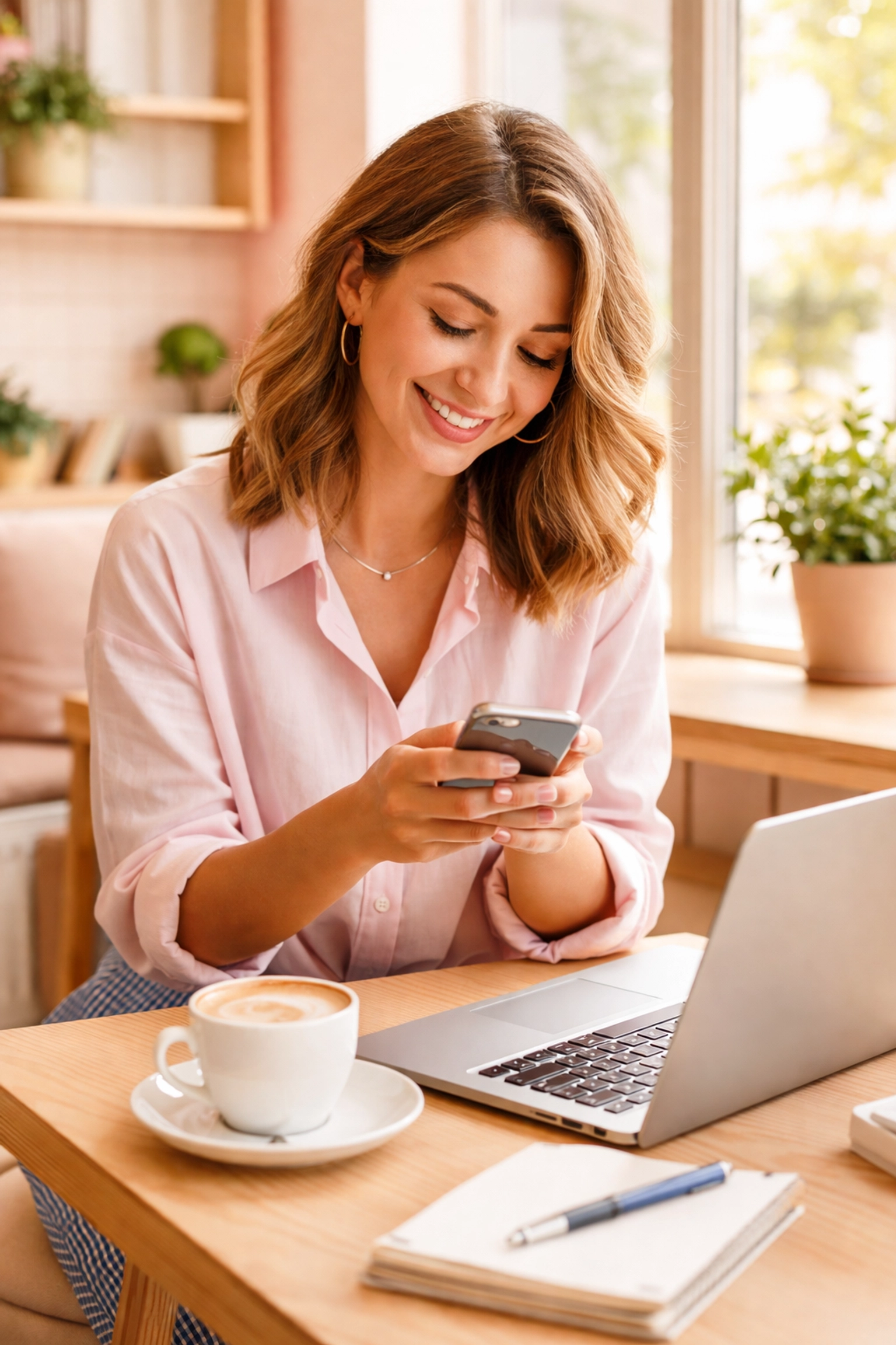 Small business owner using her phone in a bright cafe, demonstrating friendly lead generation via DMs.