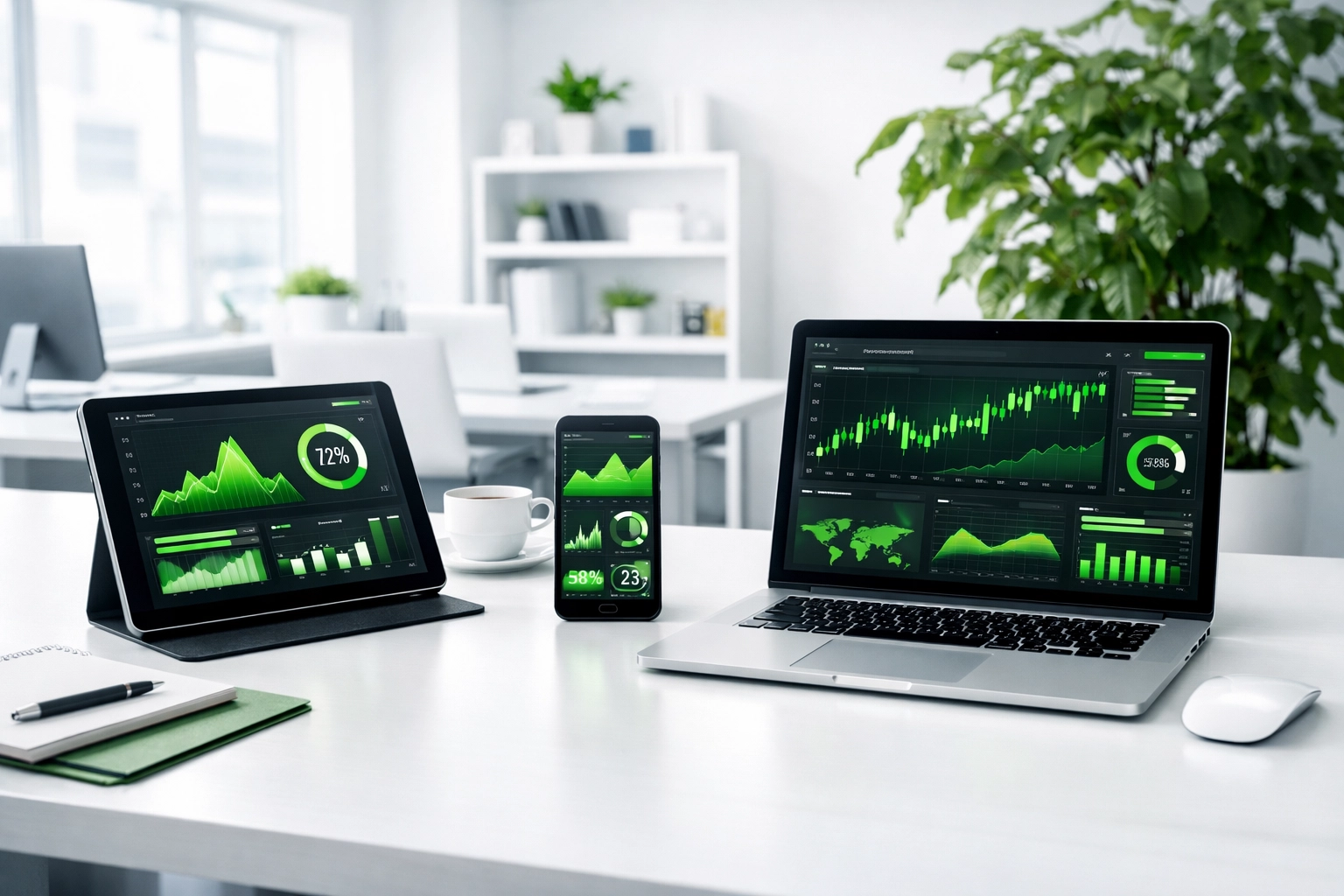 Digital devices displaying data analytics to help a small business website design stay competitive.