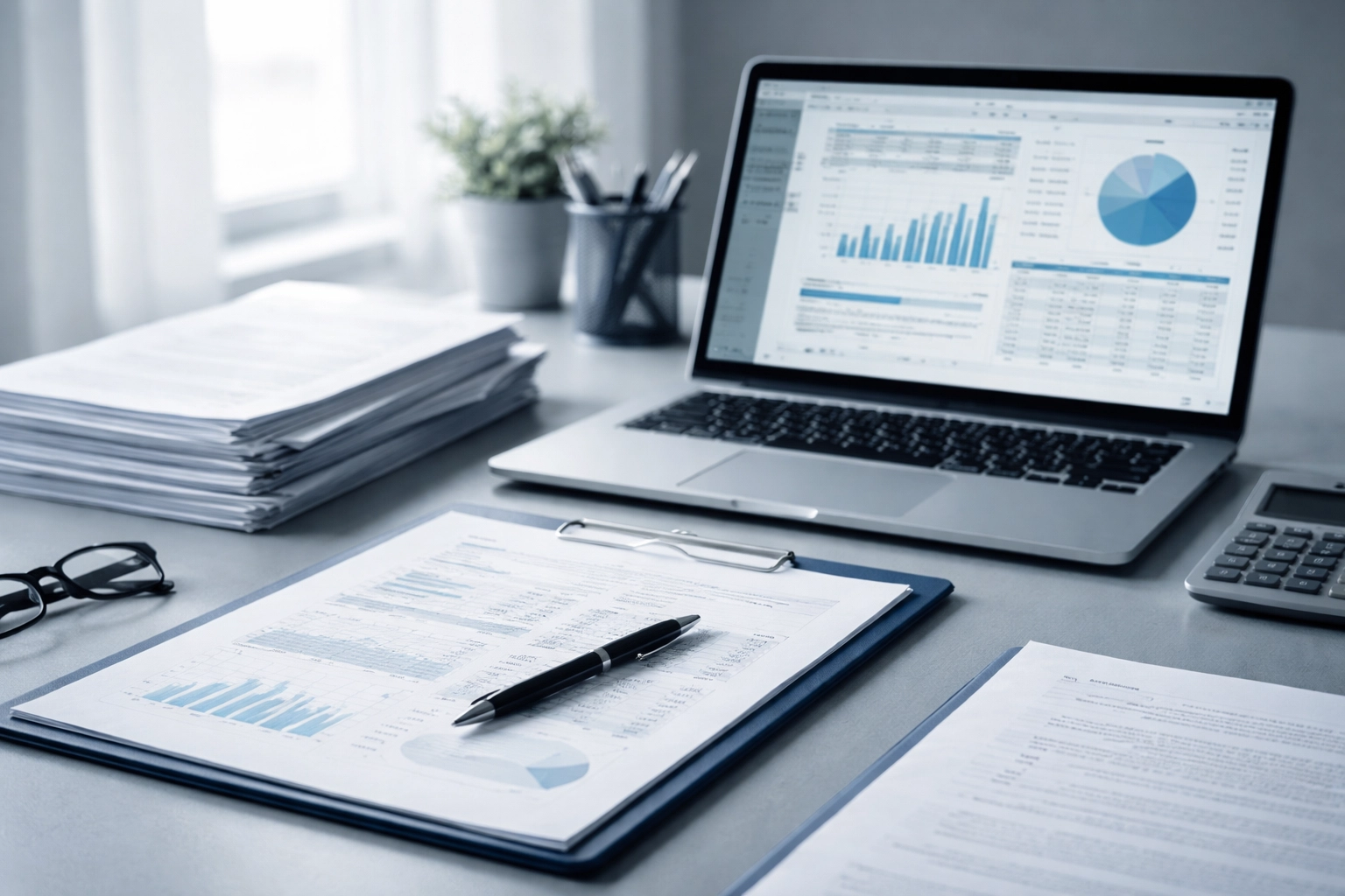 Organized business desk with financial documents, supporting high risk merchant account documentation compliance