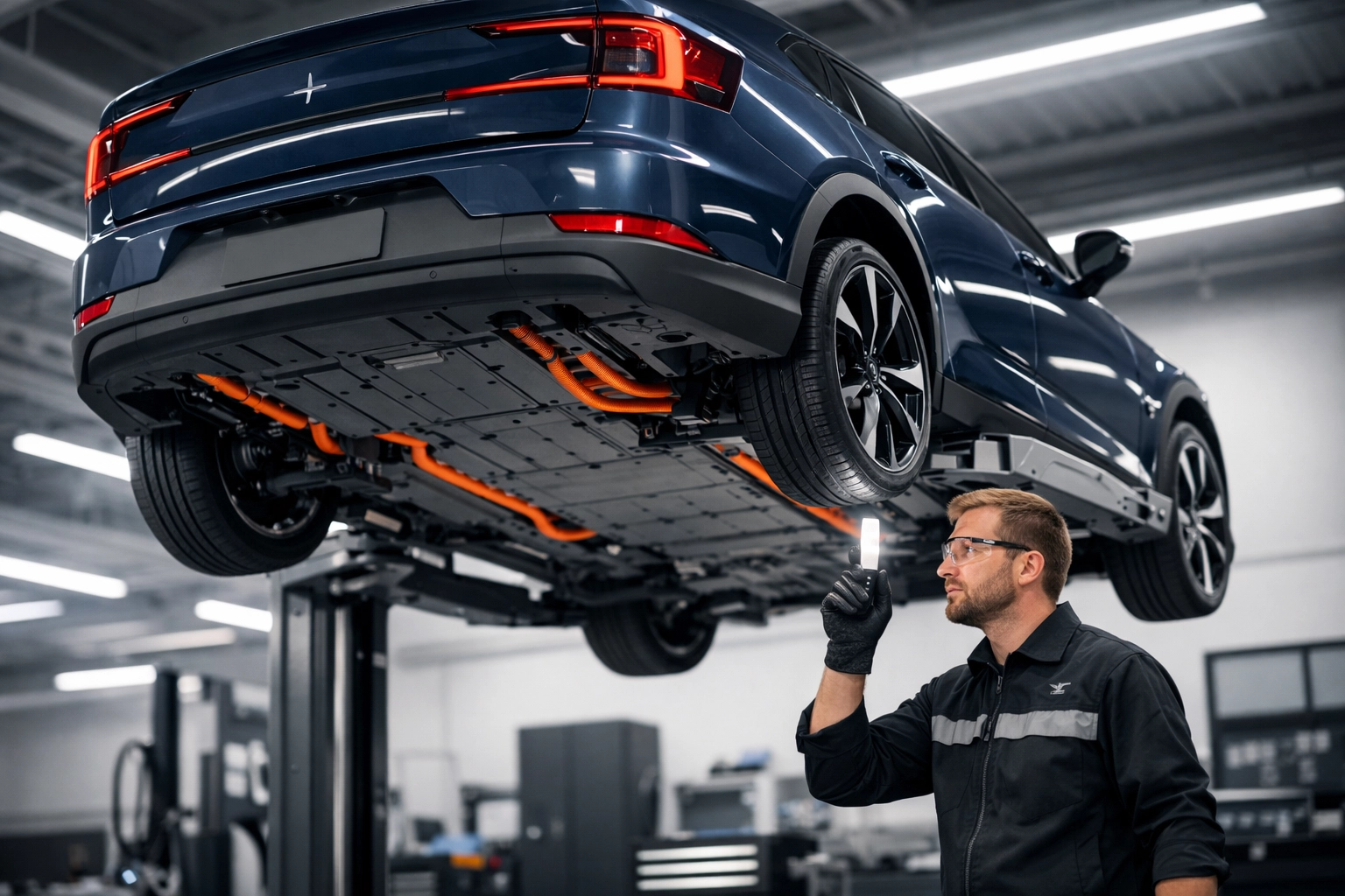 Specialized EV maintenance at a workshop showing high-voltage cables and undercarriage of a Polestar on a lift.
