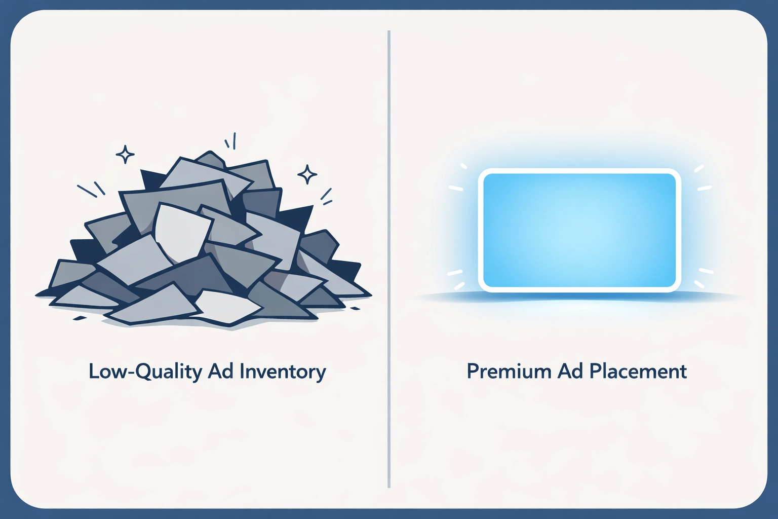 Illustration comparing cluttered low-quality ad space with a premium digital ad placement for political campaigns.