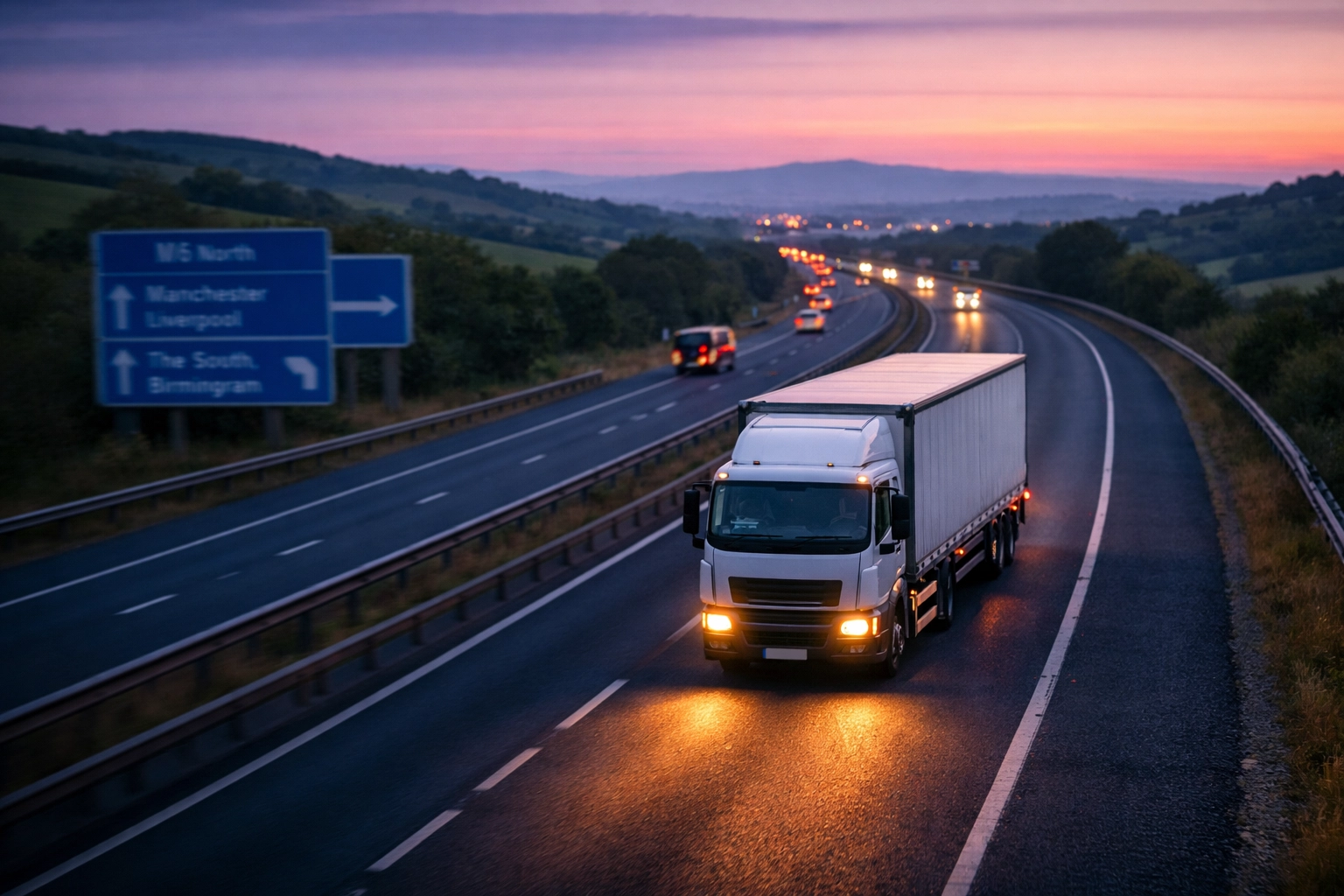 Delivery truck transporting pallets on UK motorway for nationwide next-day service