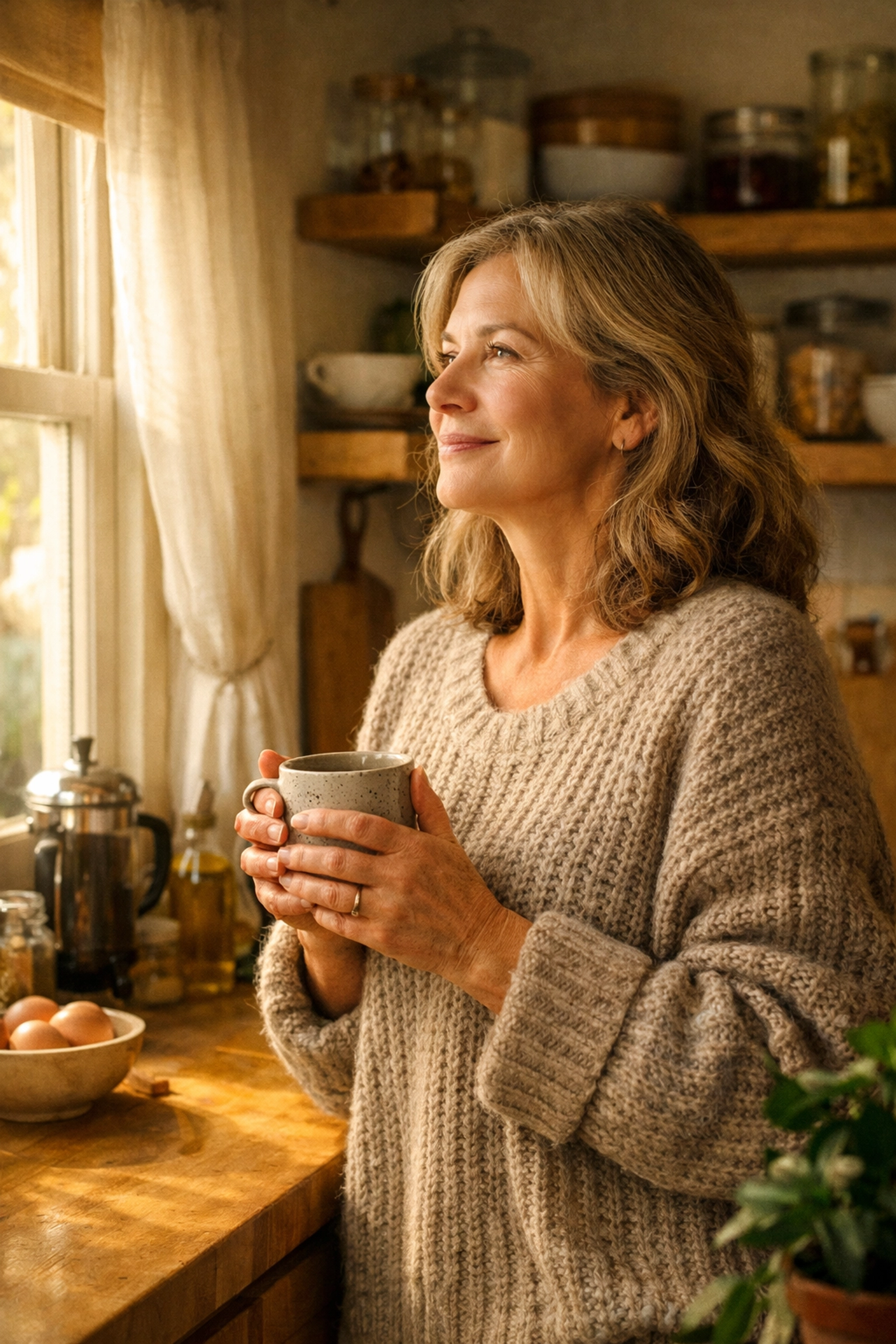 A calm woman in her 50s holding a mug in a sunlit kitchen, representing hormone balance and midlife wellness.