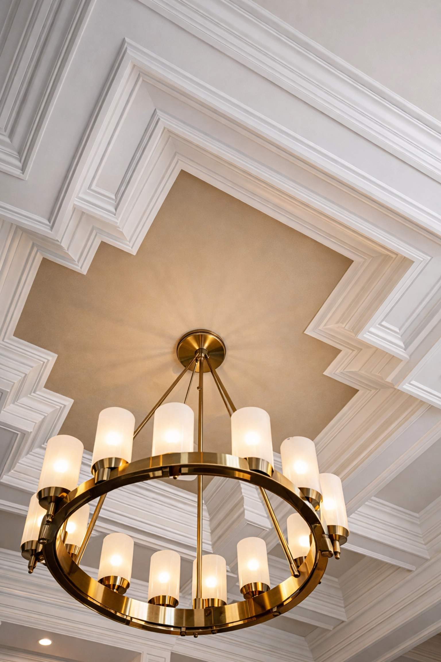 Stunning white coffered ceiling adding architectural depth and luxury to a custom-designed NJ dining room.