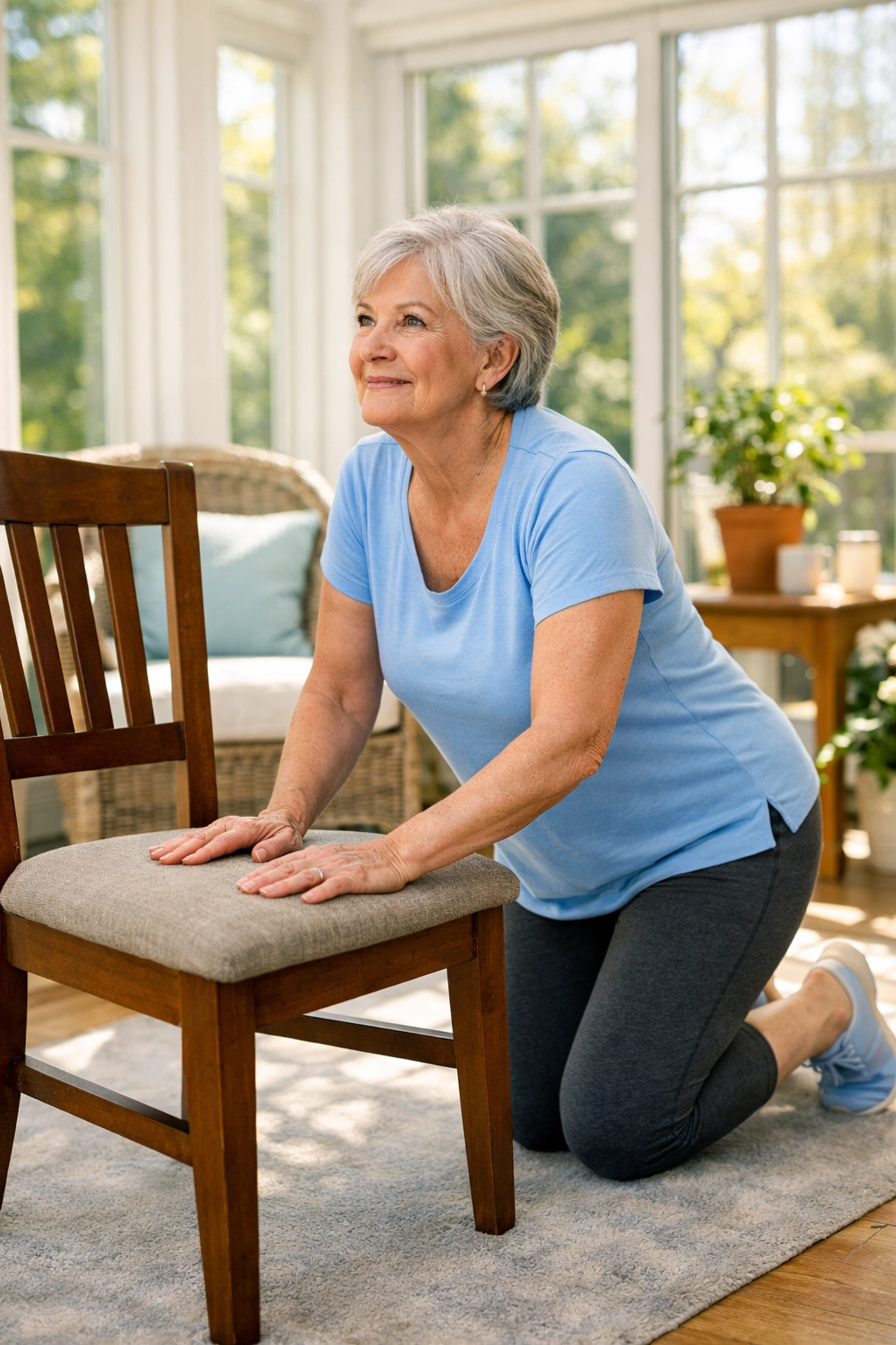 A senior woman practicing the safe technique of getting up after a fall using a sturdy chair for support.