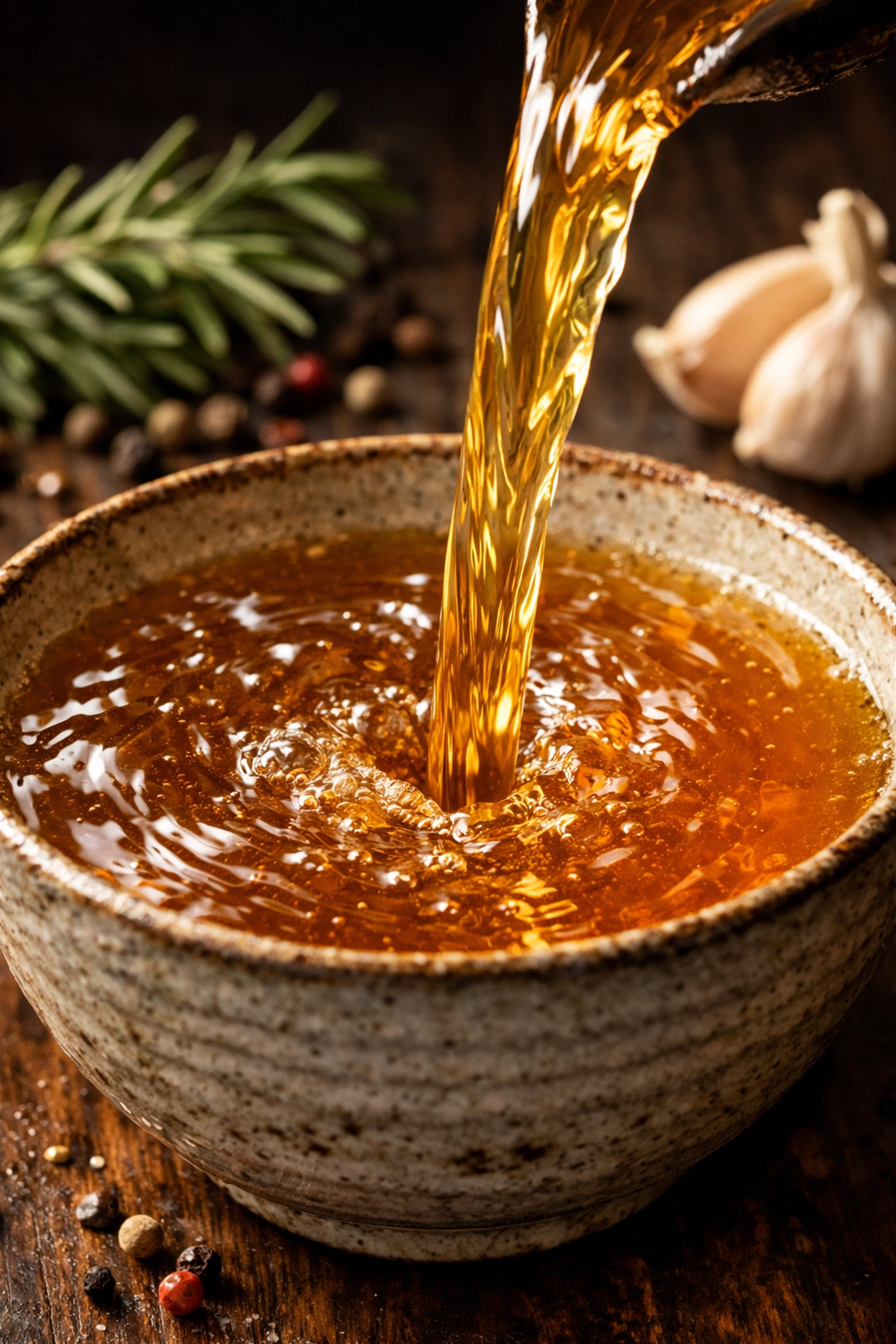 Golden nutrient-dense bone broth pouring into a bowl, highlighting collagen and amino acids.