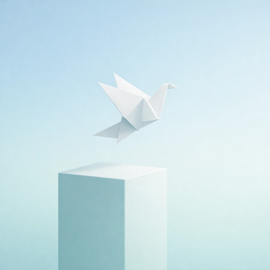 An origami bird taking flight from a pastel pedestal, symbolizing LGBTQ+ leadership growth and professional soaring.