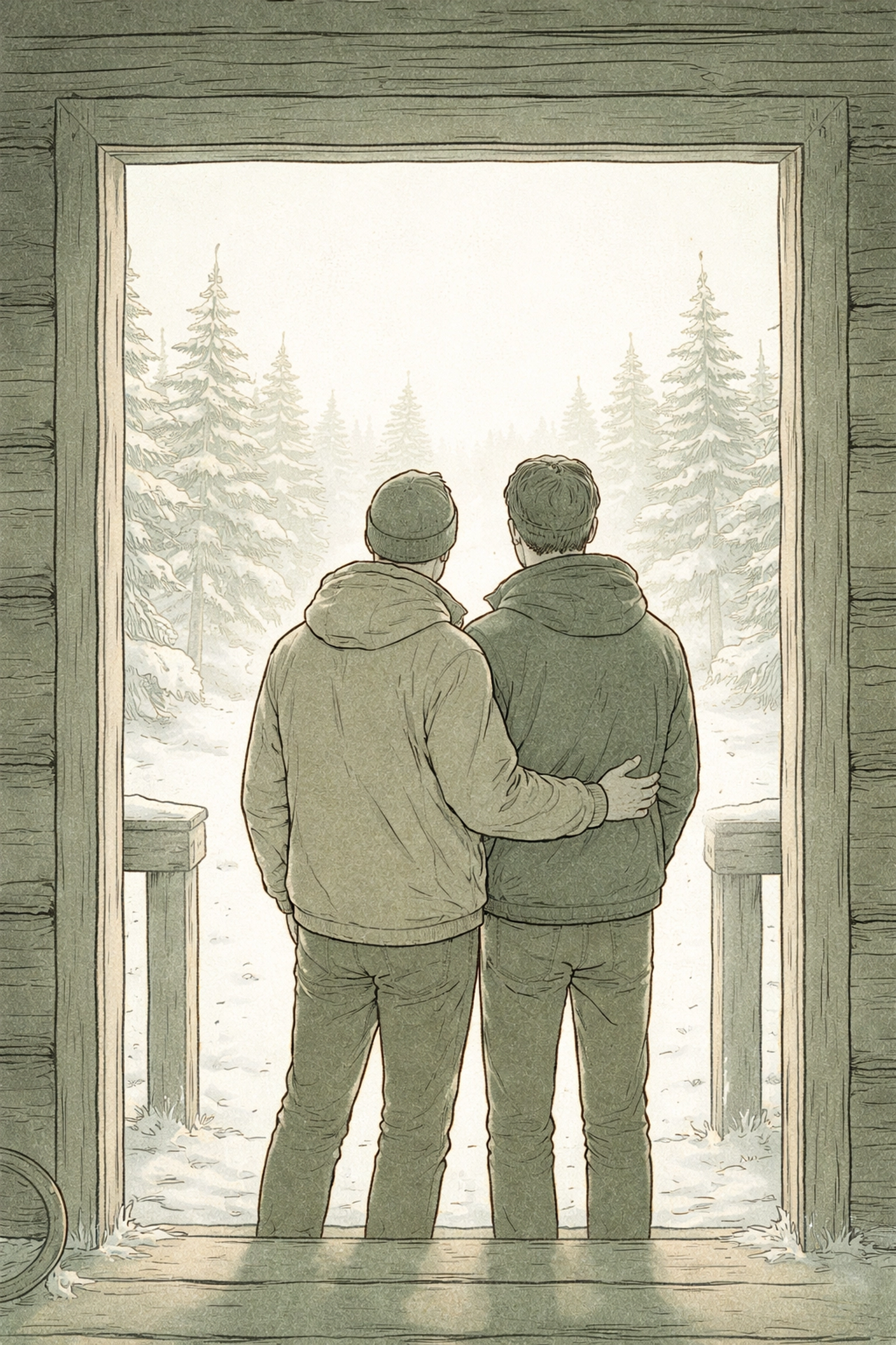 Two men silhouetted at a cabin doorway, gazing at a snowy forest, evoking the bittersweet farewell and lasting impact of brief love.
