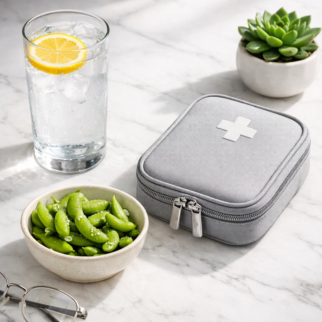 A wellness routine setup including a medical travel pouch, water, and healthy snacks for weight loss success.