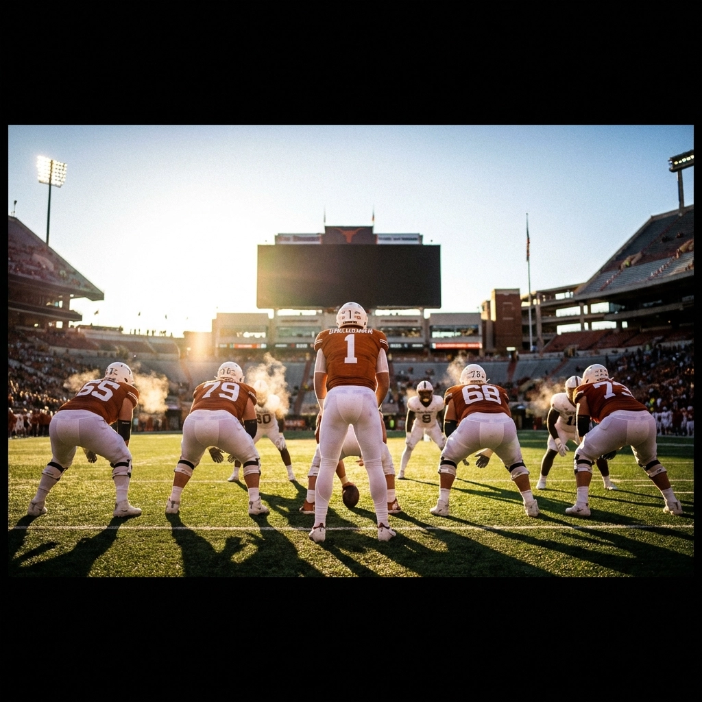 Texas Longhorns offensive line in formation at scrimmage, showcasing team unity and blocking strength