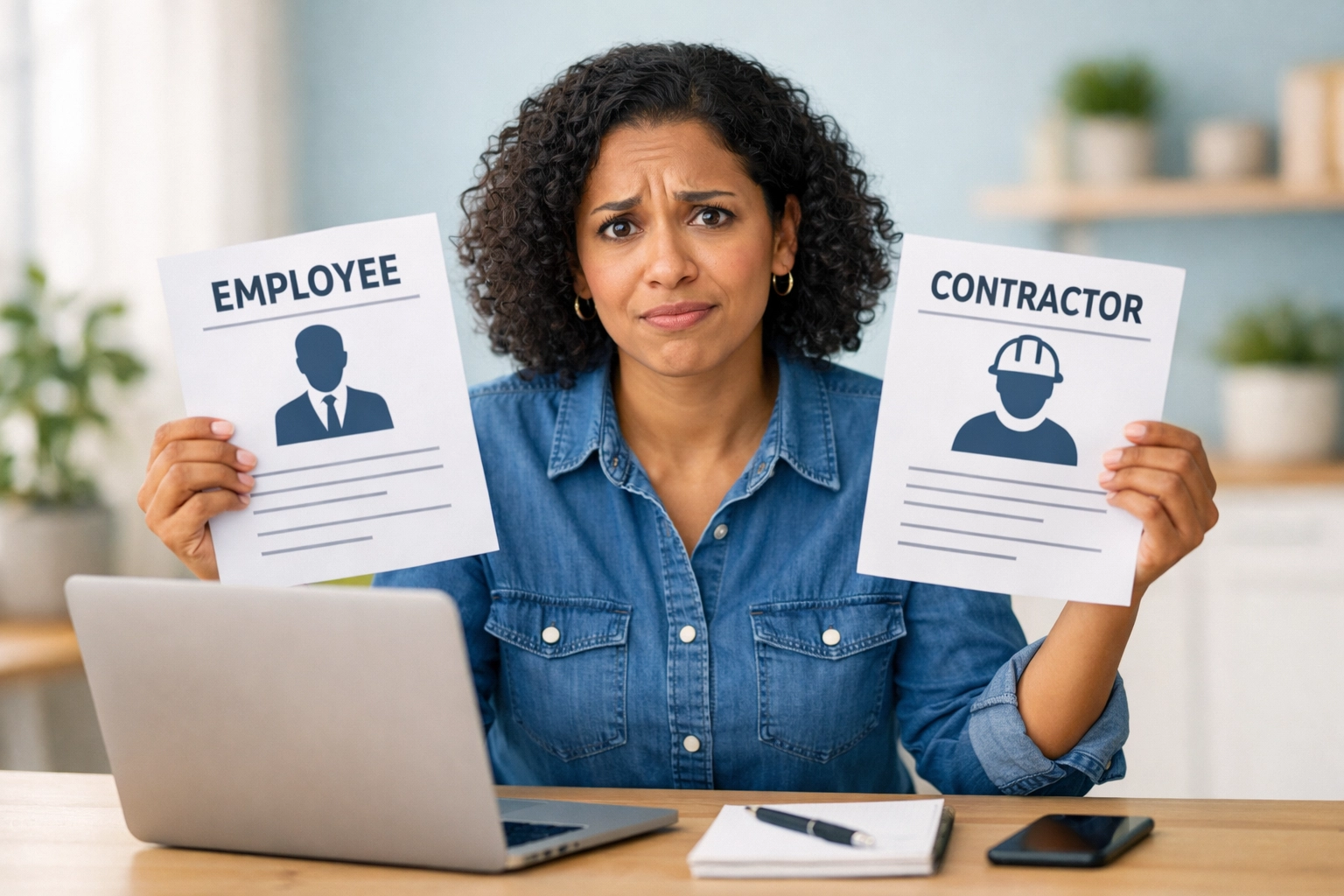 Business owner comparing employee versus contractor documents for workers comp classification