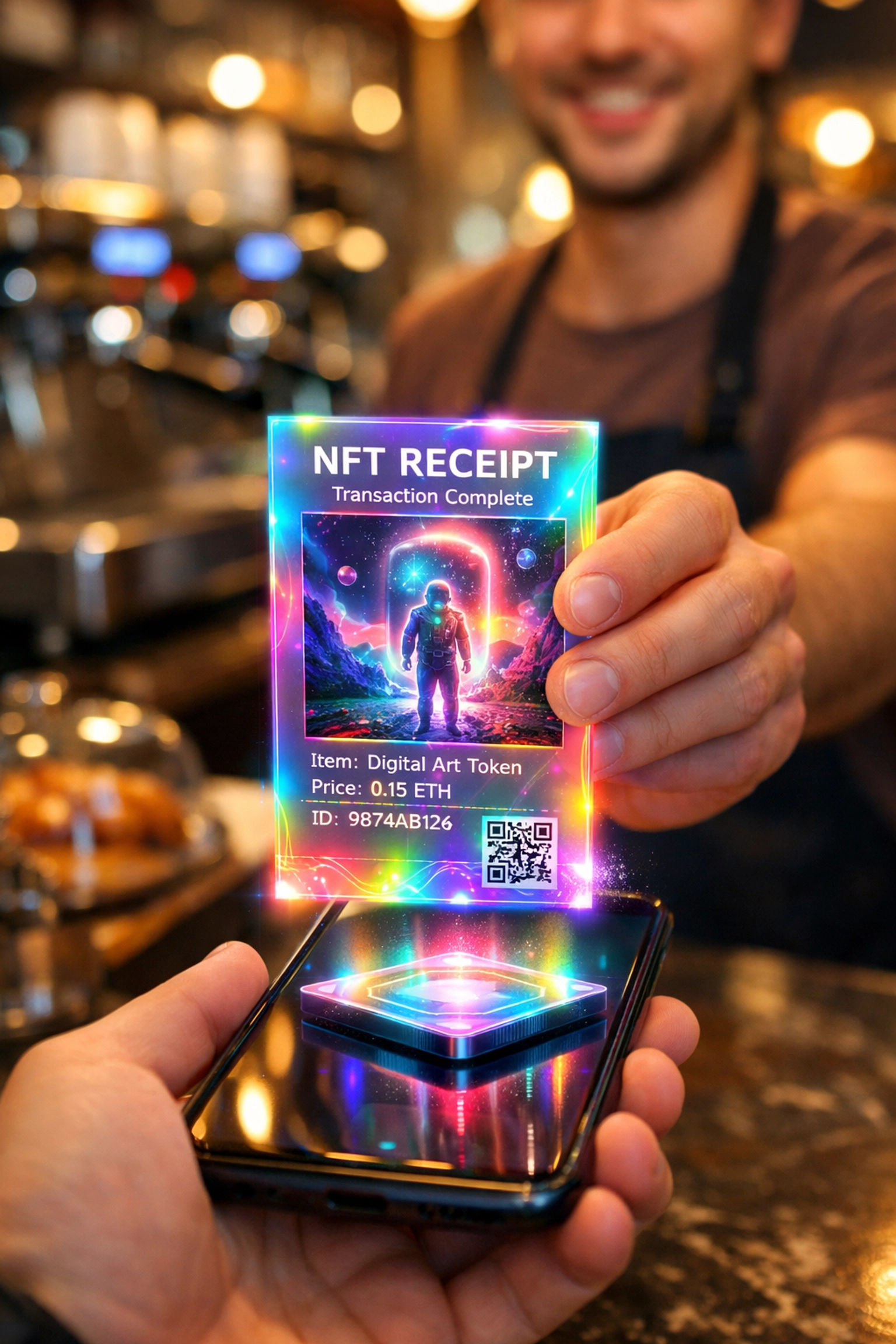 Merchant receiving NFT receipt at coffee shop POS showing blockchain payment verification