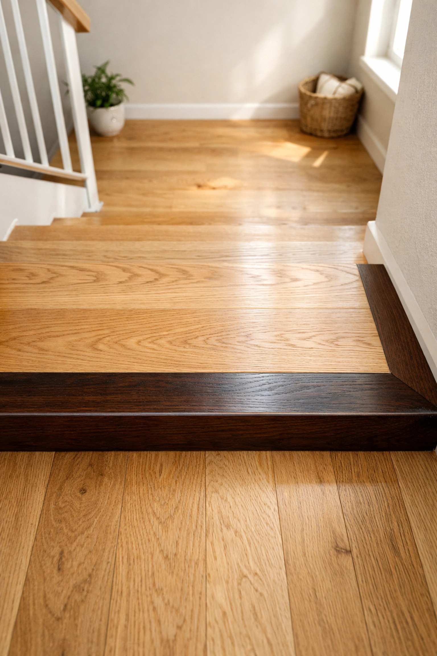 High-contrast dark wood border on the bottom step of a staircase to improve visibility and prevent falls.