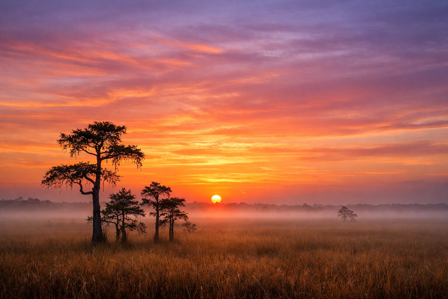 Sunrise landscape photography at Pahayokee Overlook in the Everglades with silhouetted cypress trees.