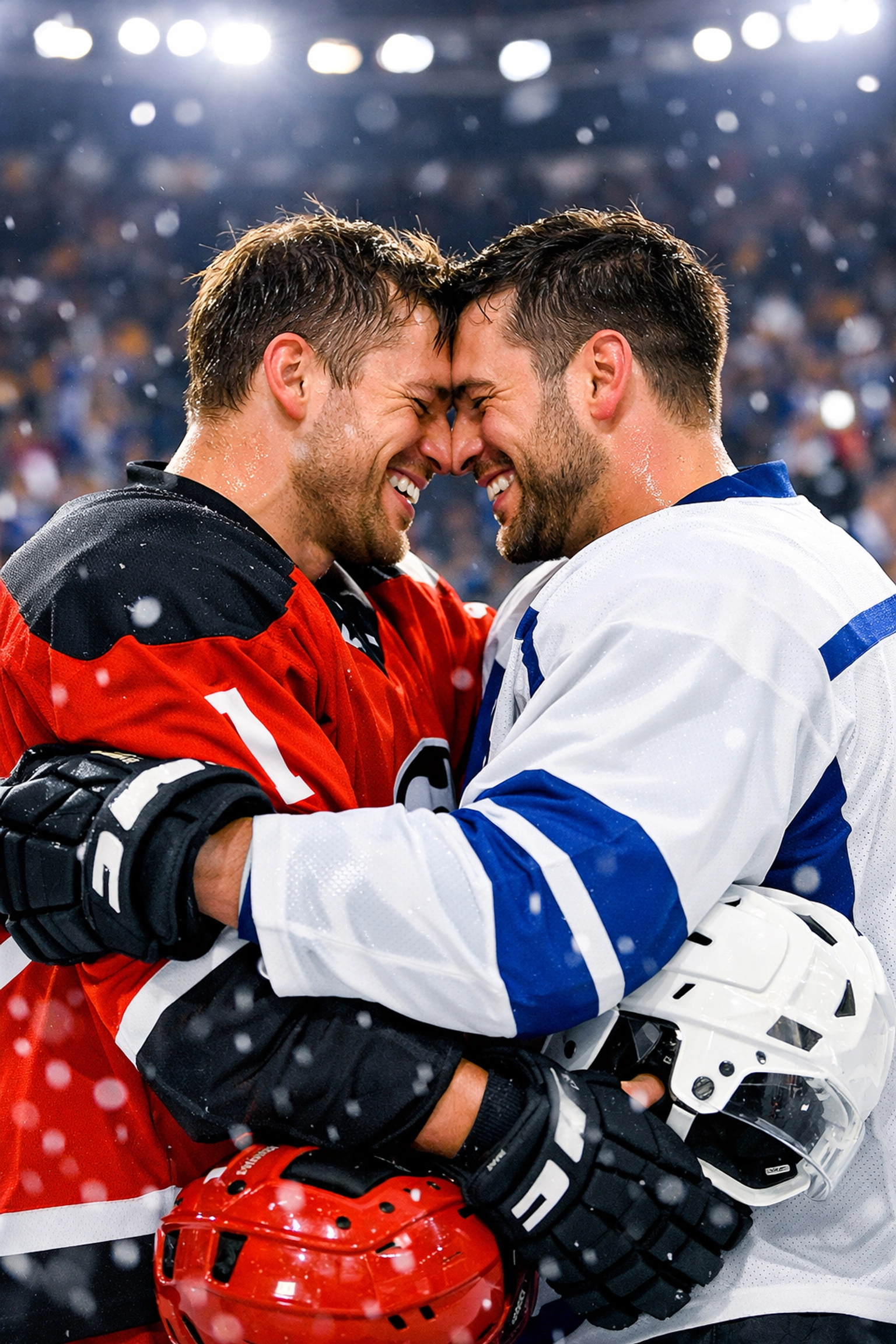 Two male hockey players sharing a romantic embrace on the ice, celebrating visibility and real-life gay romance.