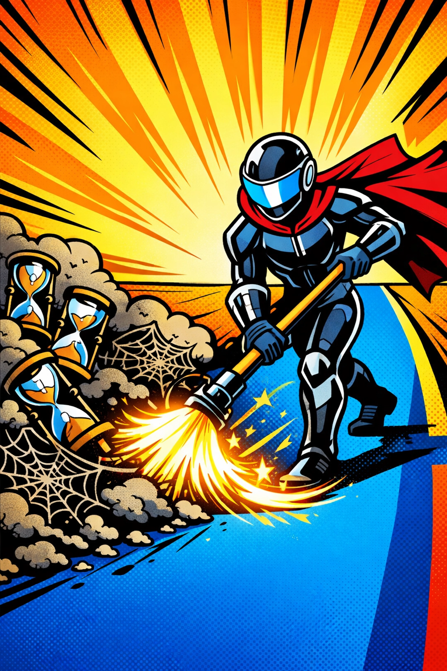 Pop art illustration of a character cleaning a path, symbolizing automated sales pipeline hygiene.