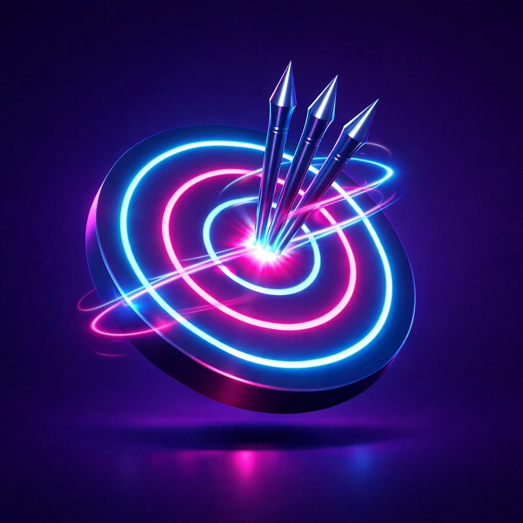 A glowing neon bullseye with spears hitting the center, symbolizing a precise and focused TikTok hashtag strategy.