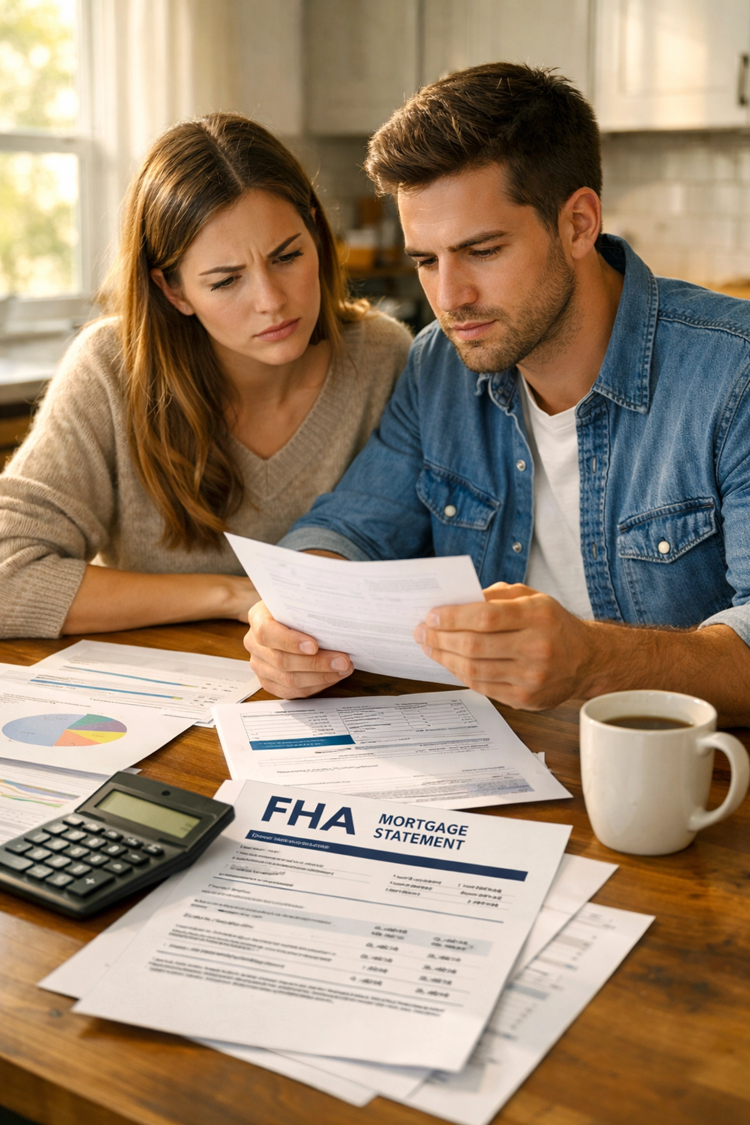 Young couple reviewing FHA mortgage documents and financial paperwork at home
