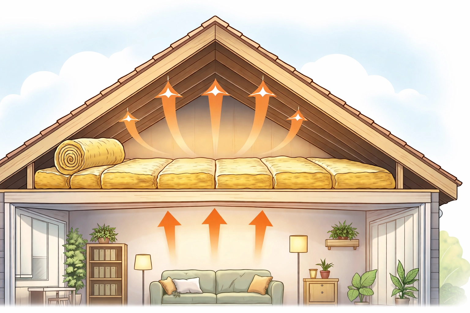 Cross-section of a Scottish home attic with mineral wool insulation demonstrating energy retention