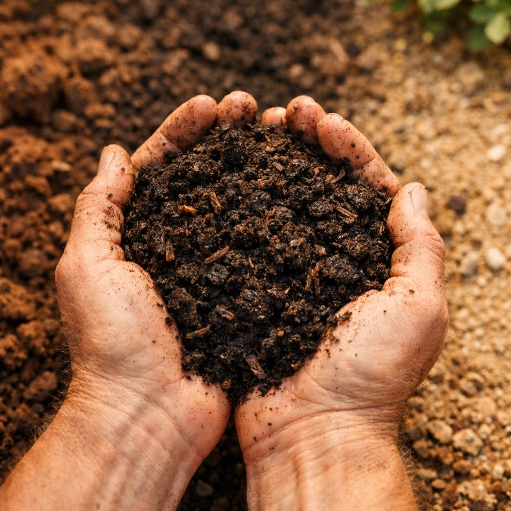 Hands holding dark compost soil showing texture and organic matter for improved garden soil structure