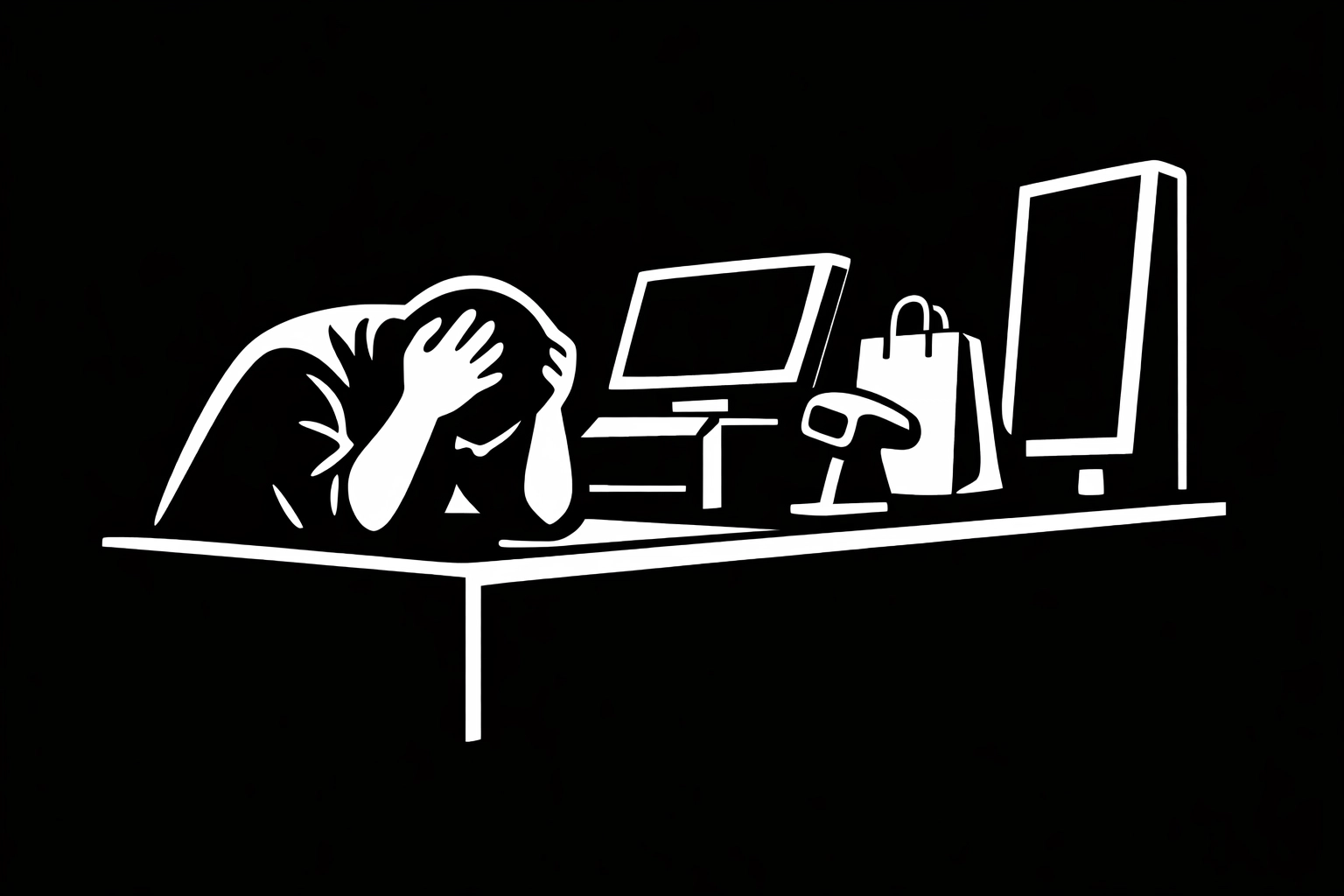 Frustrated shopper slumped over a supermarket self-service kiosk in defeat.