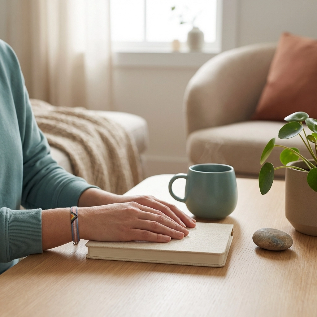 A soft, empathetic illustration showing the exhaustion of LGBTQ+ burnout and the first steps toward seeking therapy for healing.